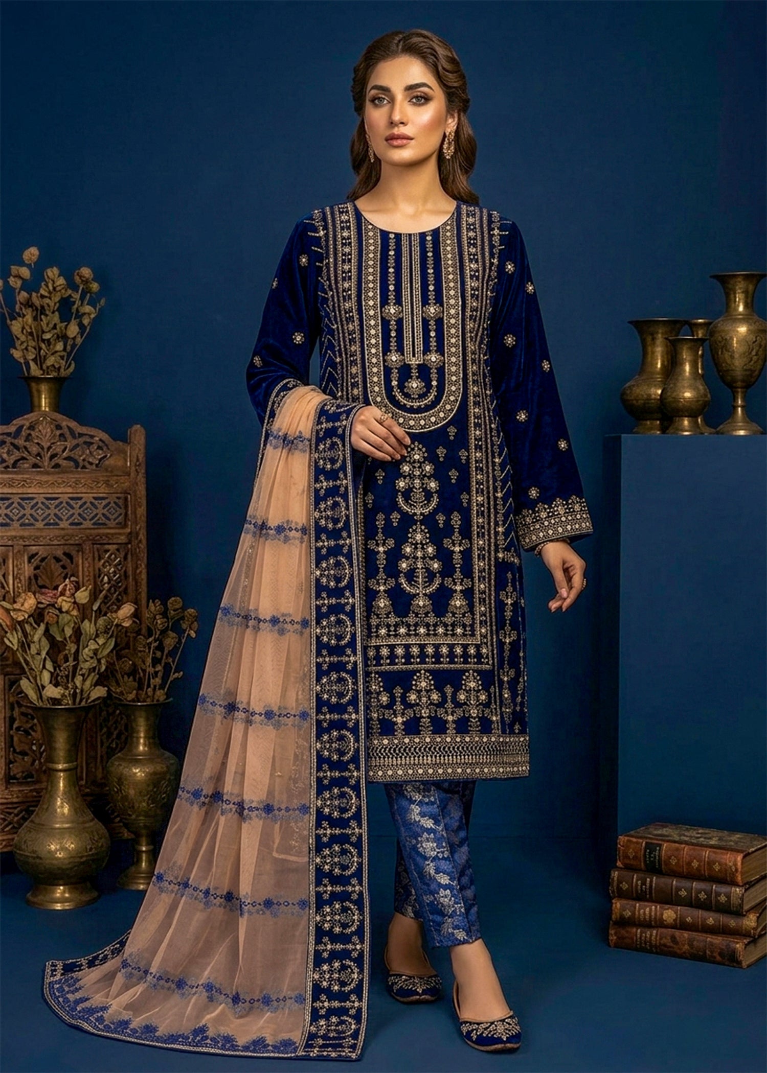 velvet Kurta Set in Navy blue