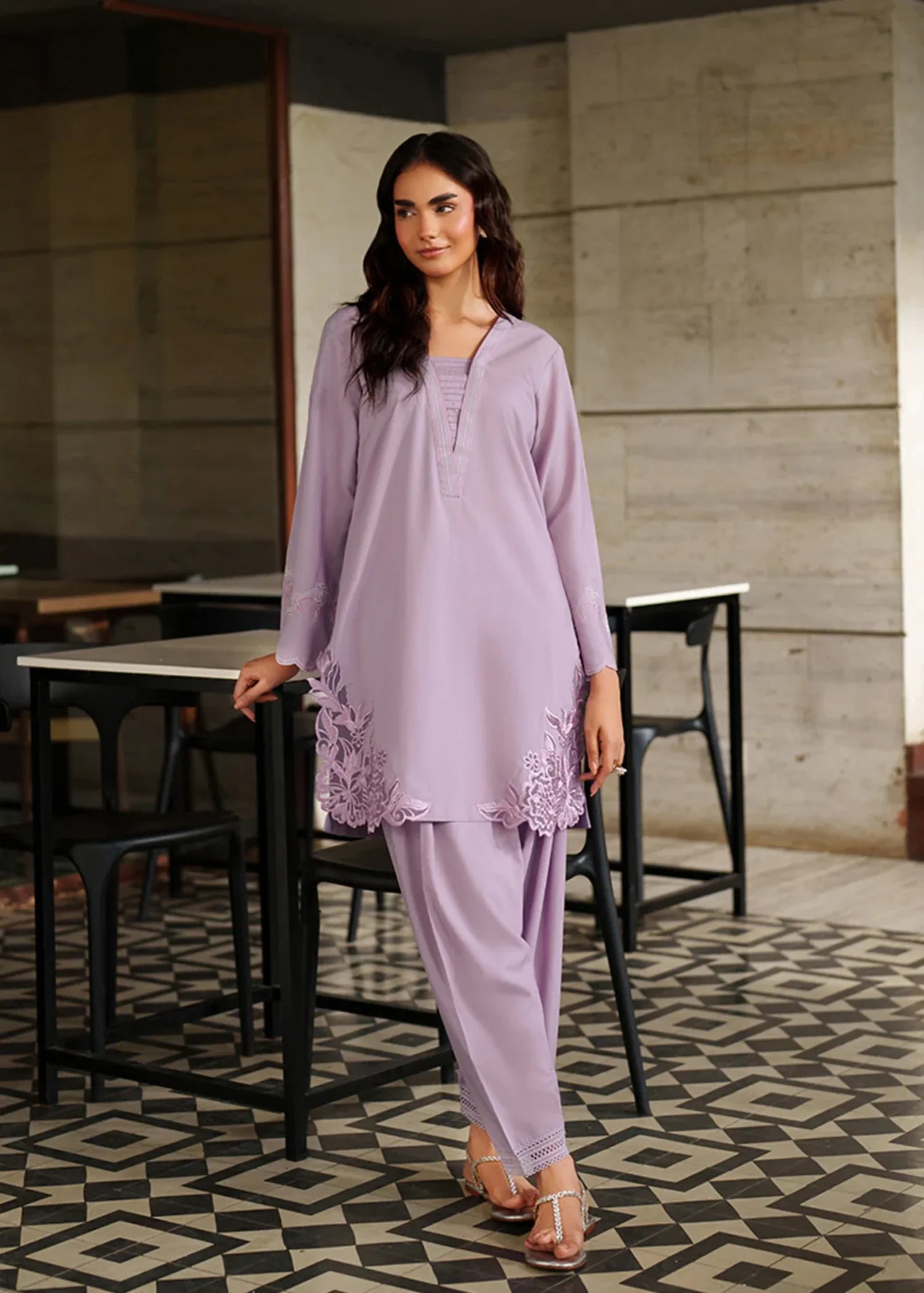 blended satin Kurta Set in Lilac