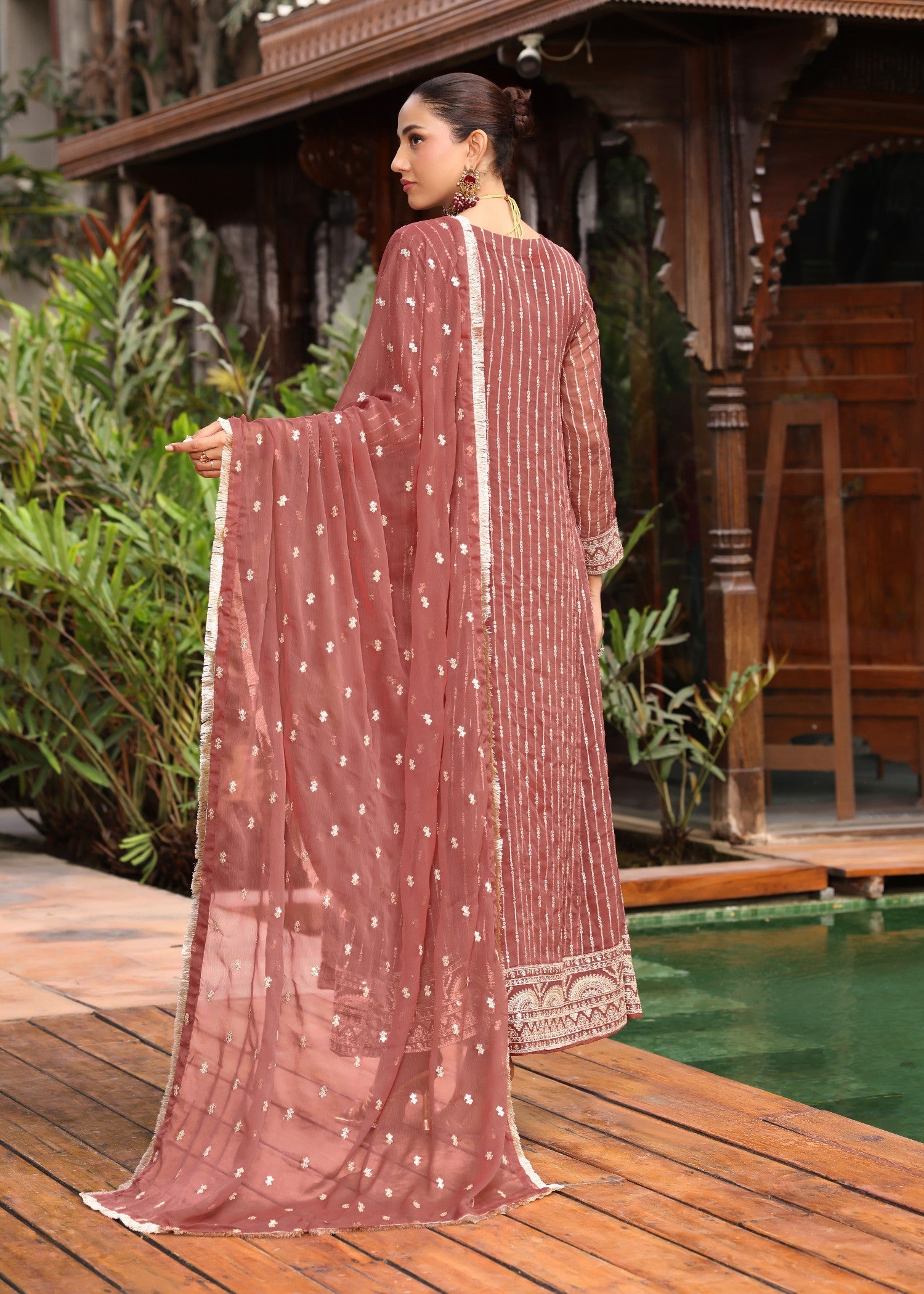 chiffon Pishwas in Melon pink
