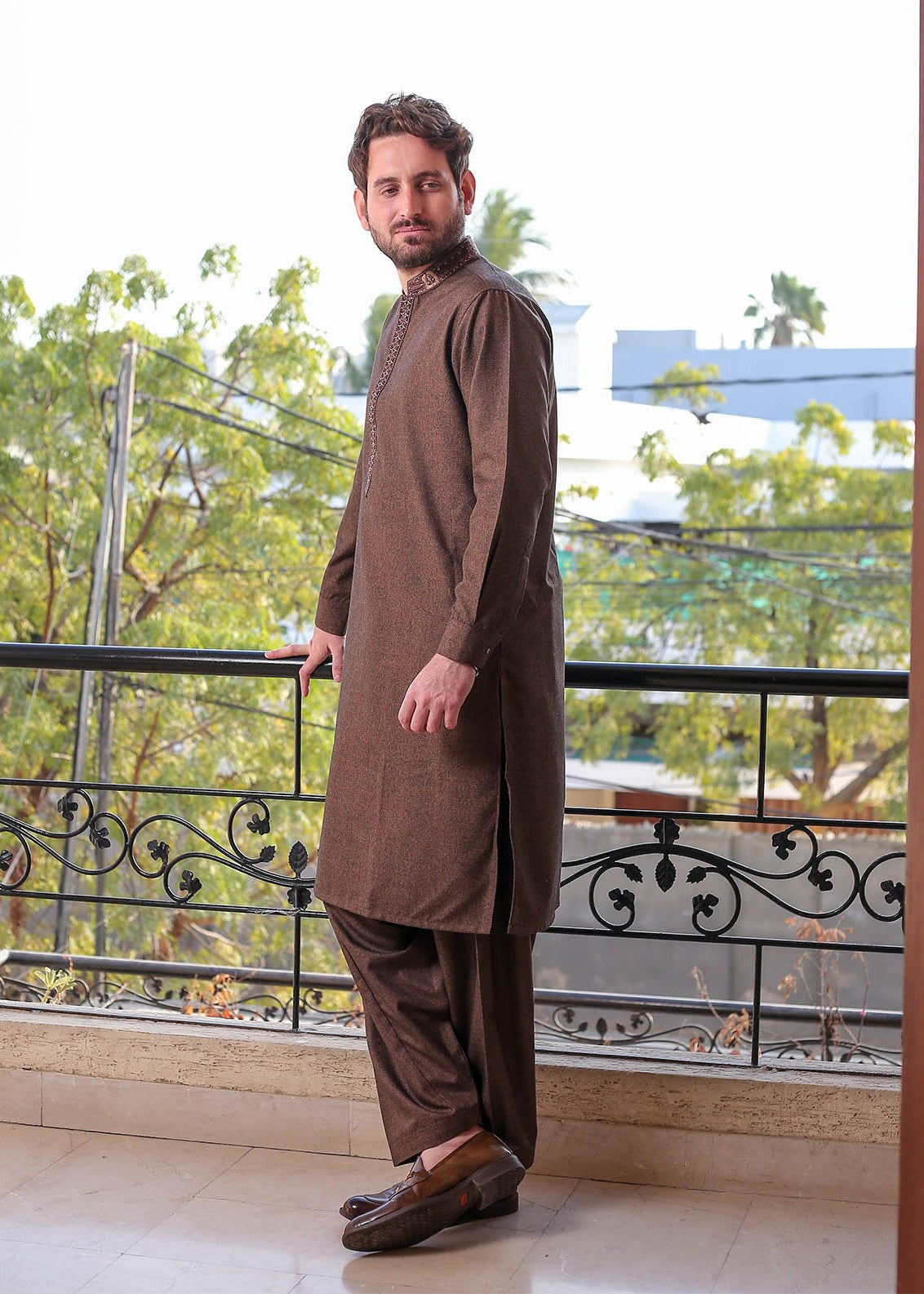 wool viscose Shalwar Kameez in Brown