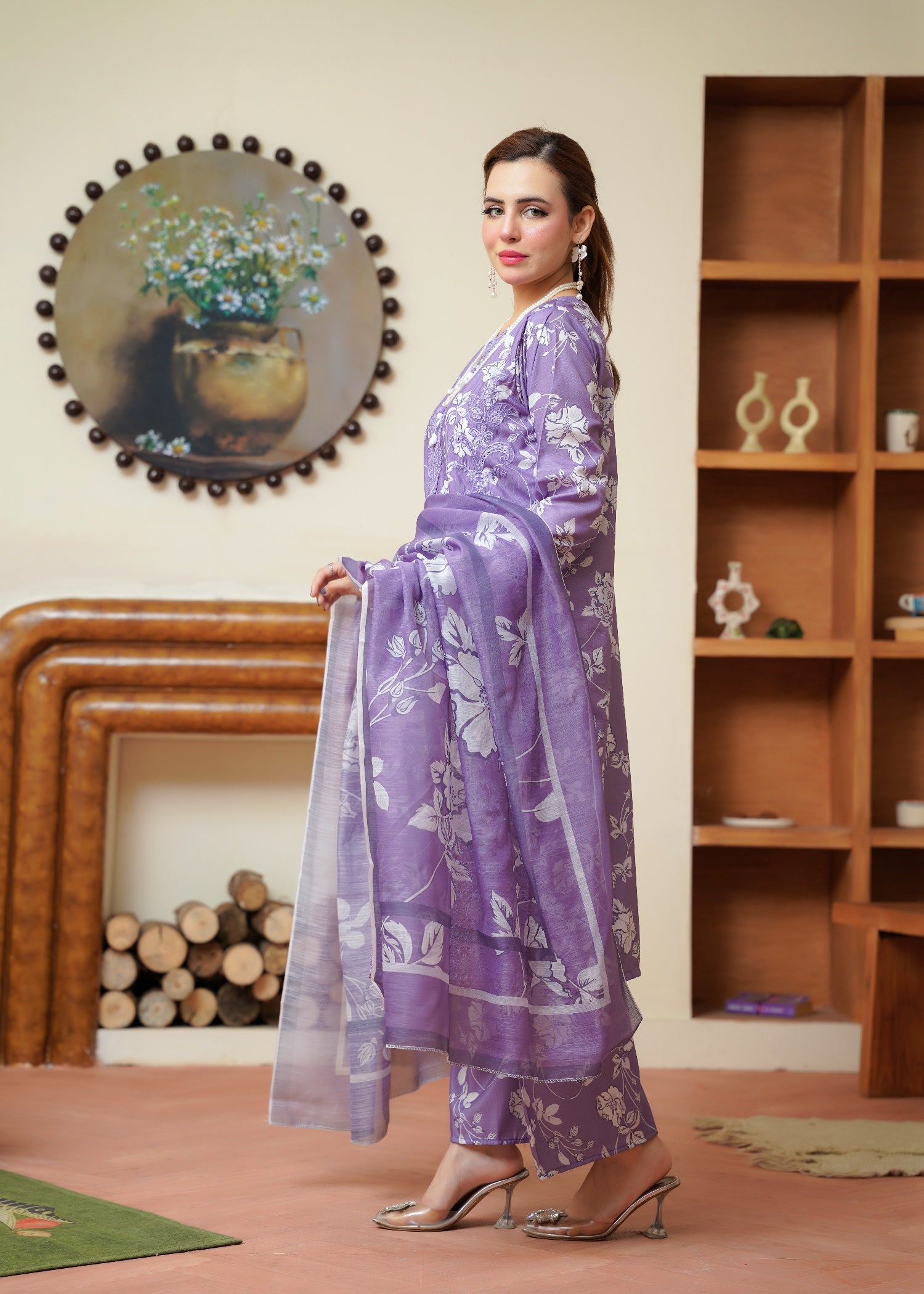 khaddi net Kurta Set in Lavender