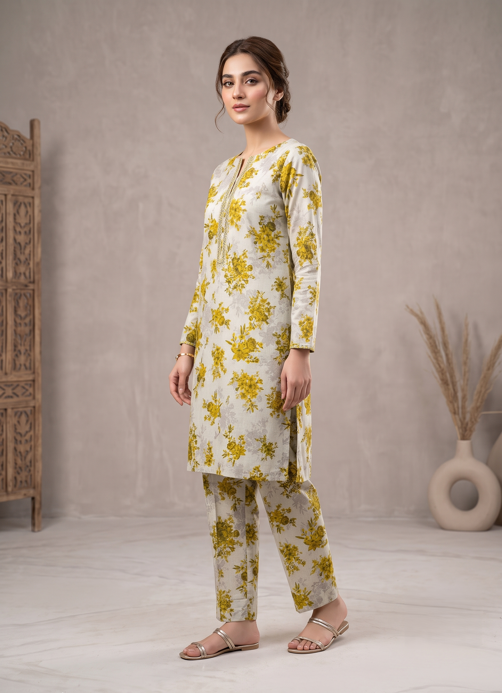 lawn Unstitched in Beige, mustard