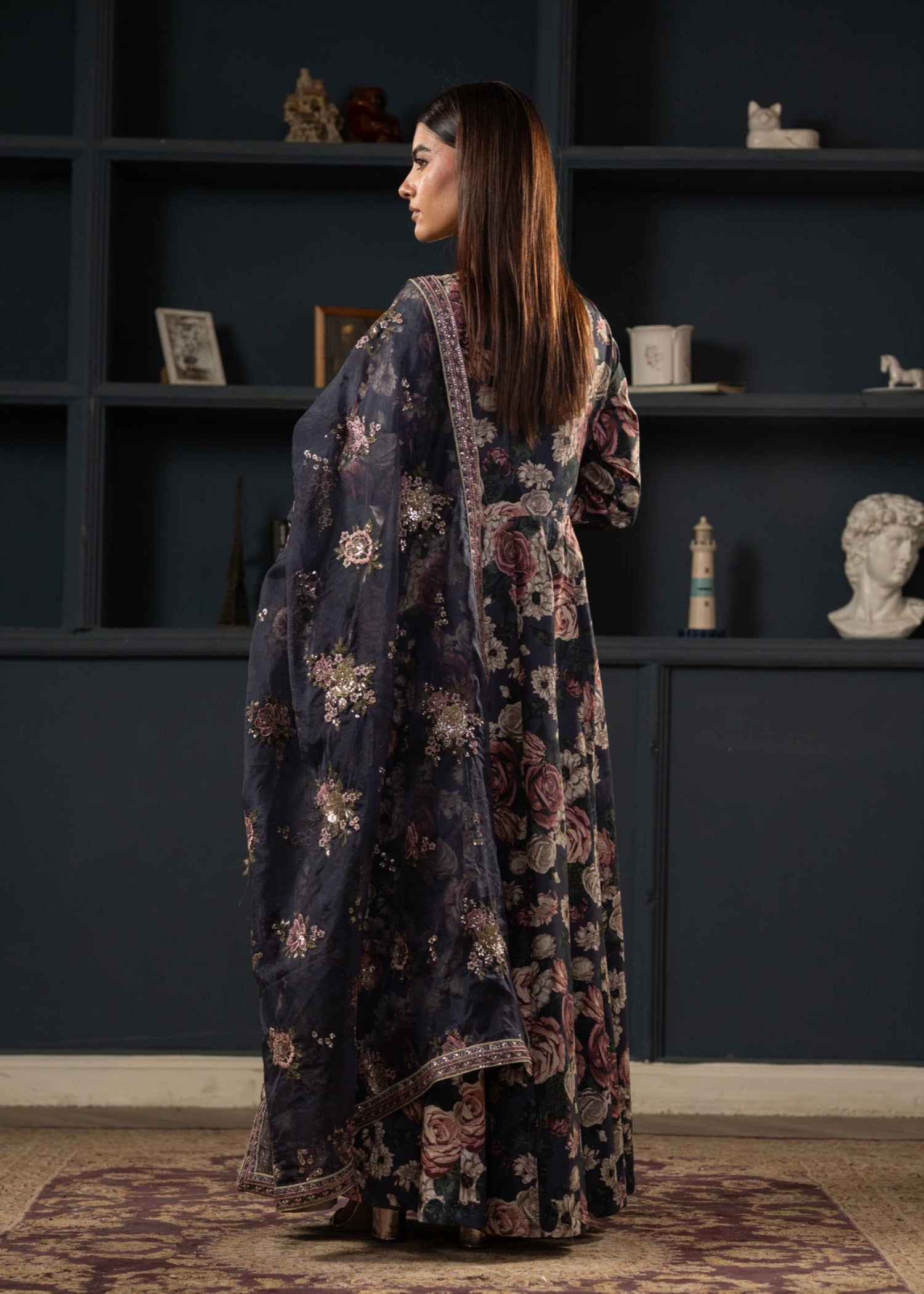 raw silk Pishwas in Midnight