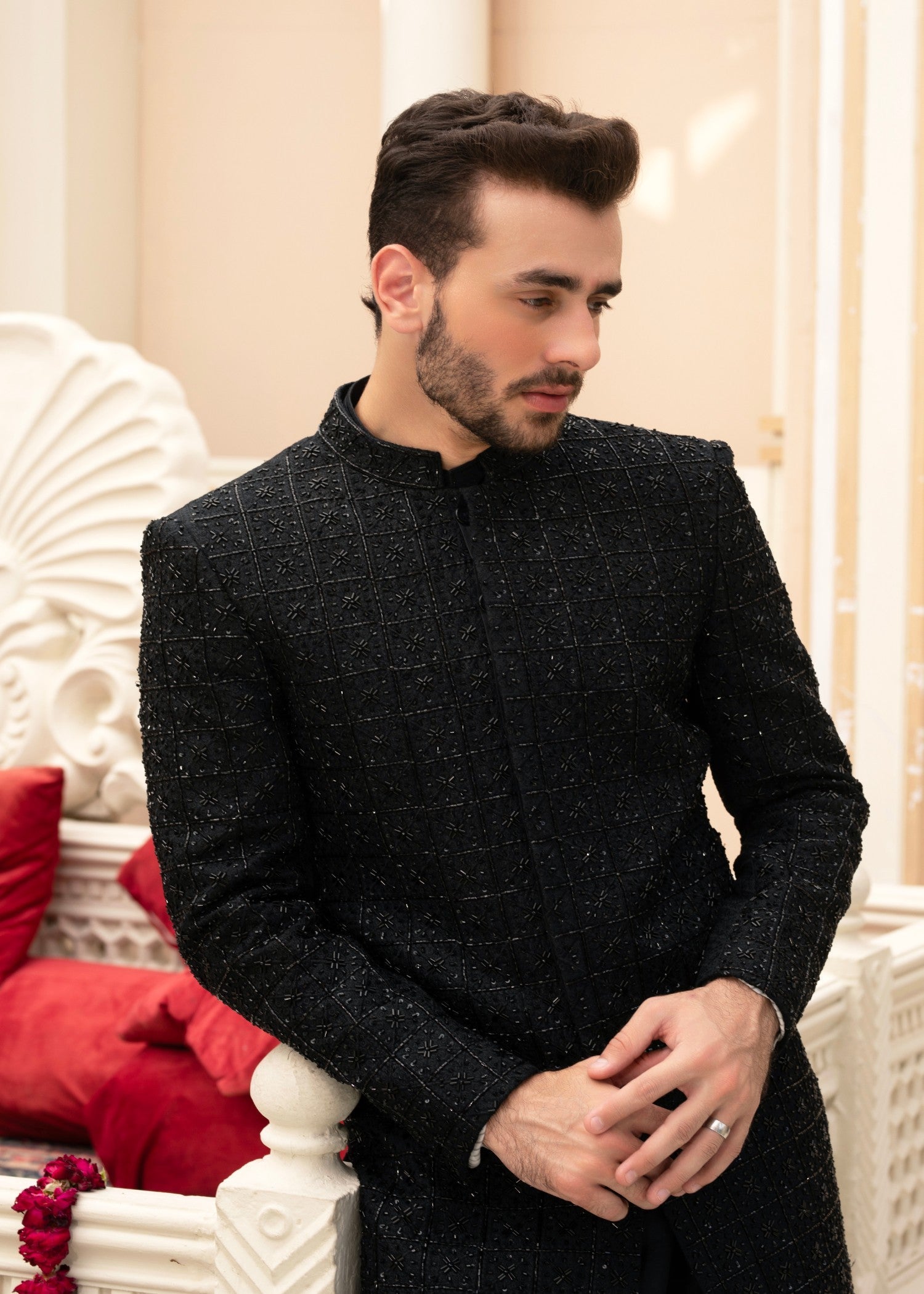 cotton silk Sherwani in Black