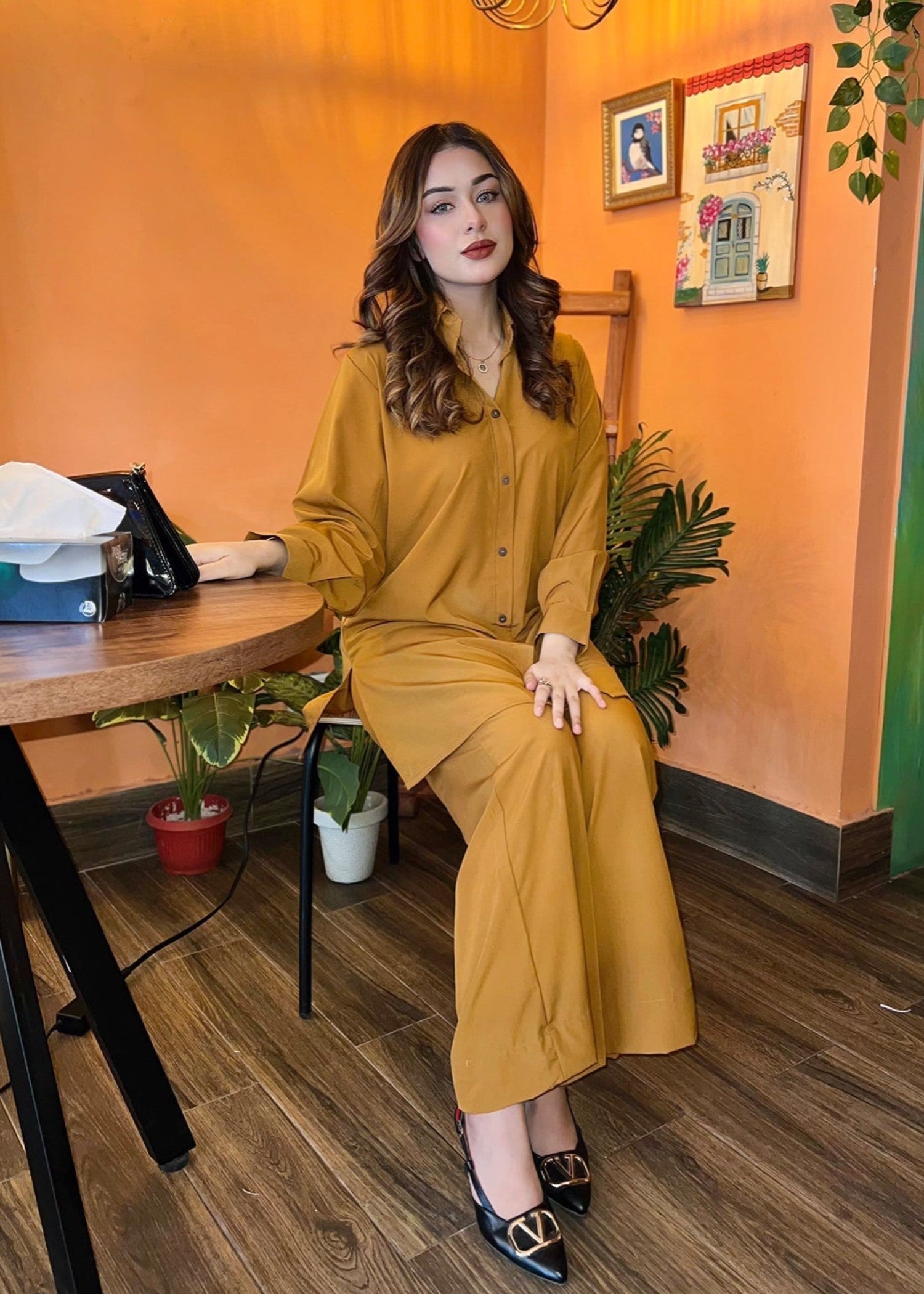 crepe Co ord Sets in Caramel brown