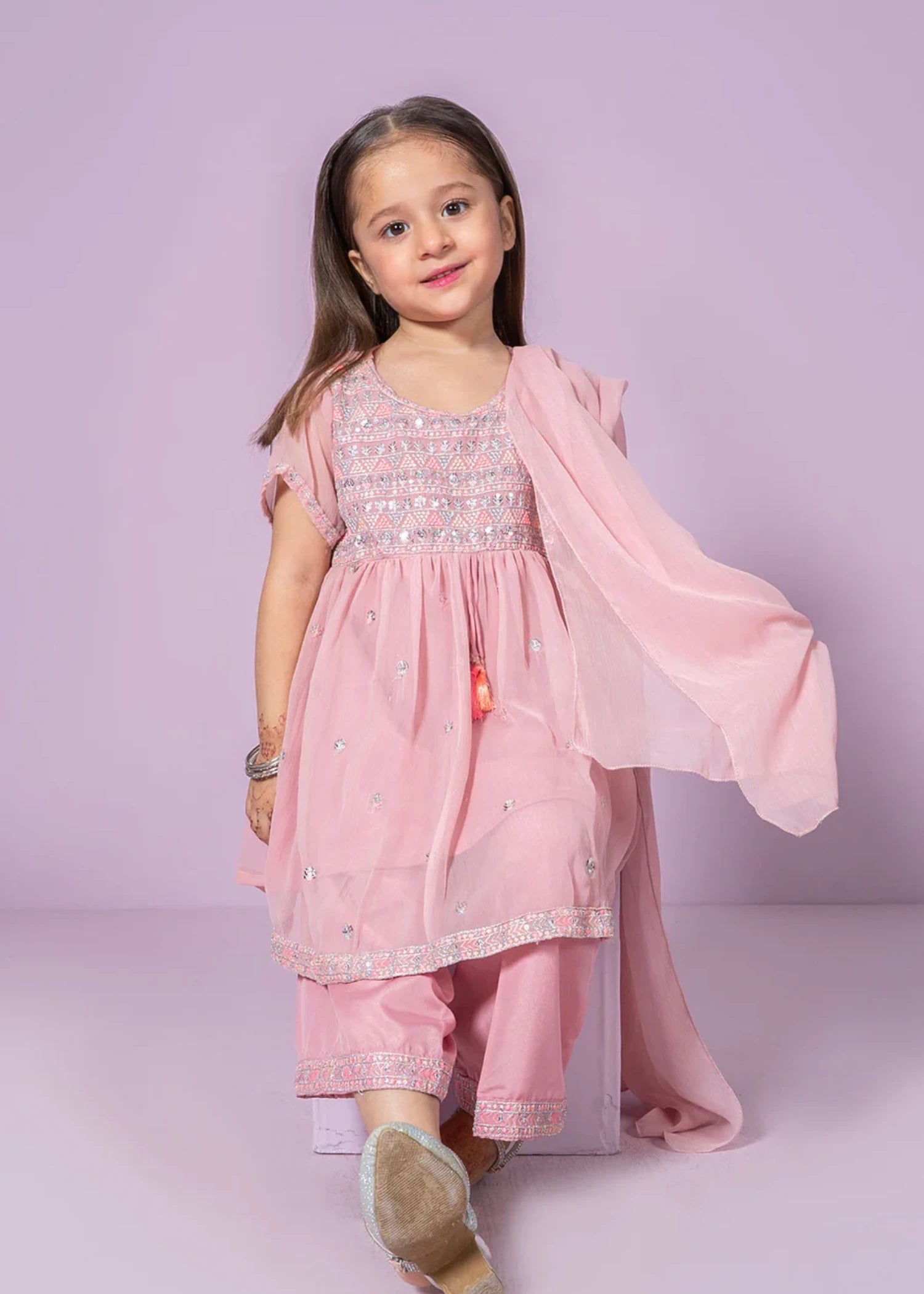chiffon Short Frock in Peach pink