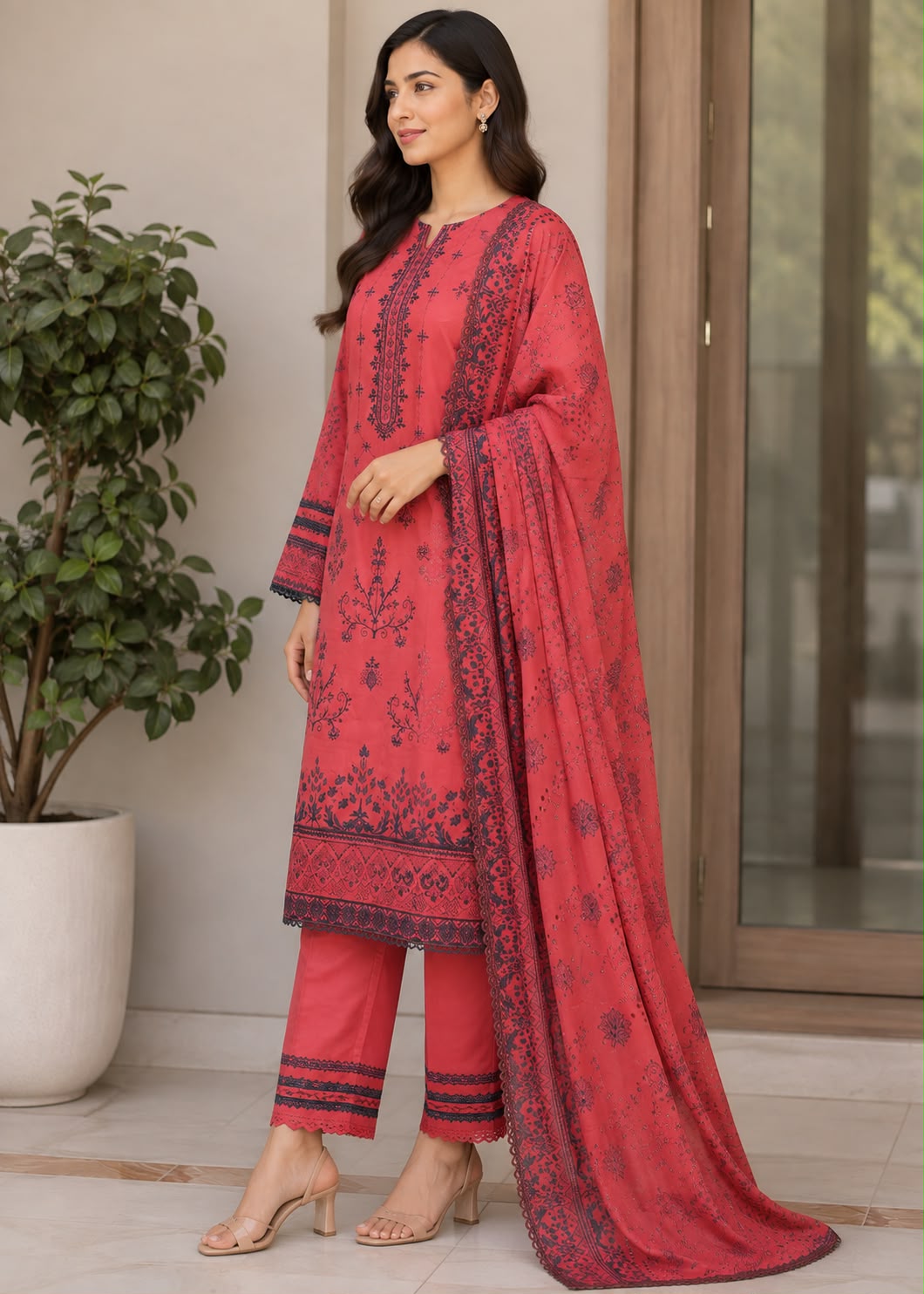 lawn Kurta Set in Watermelon pink