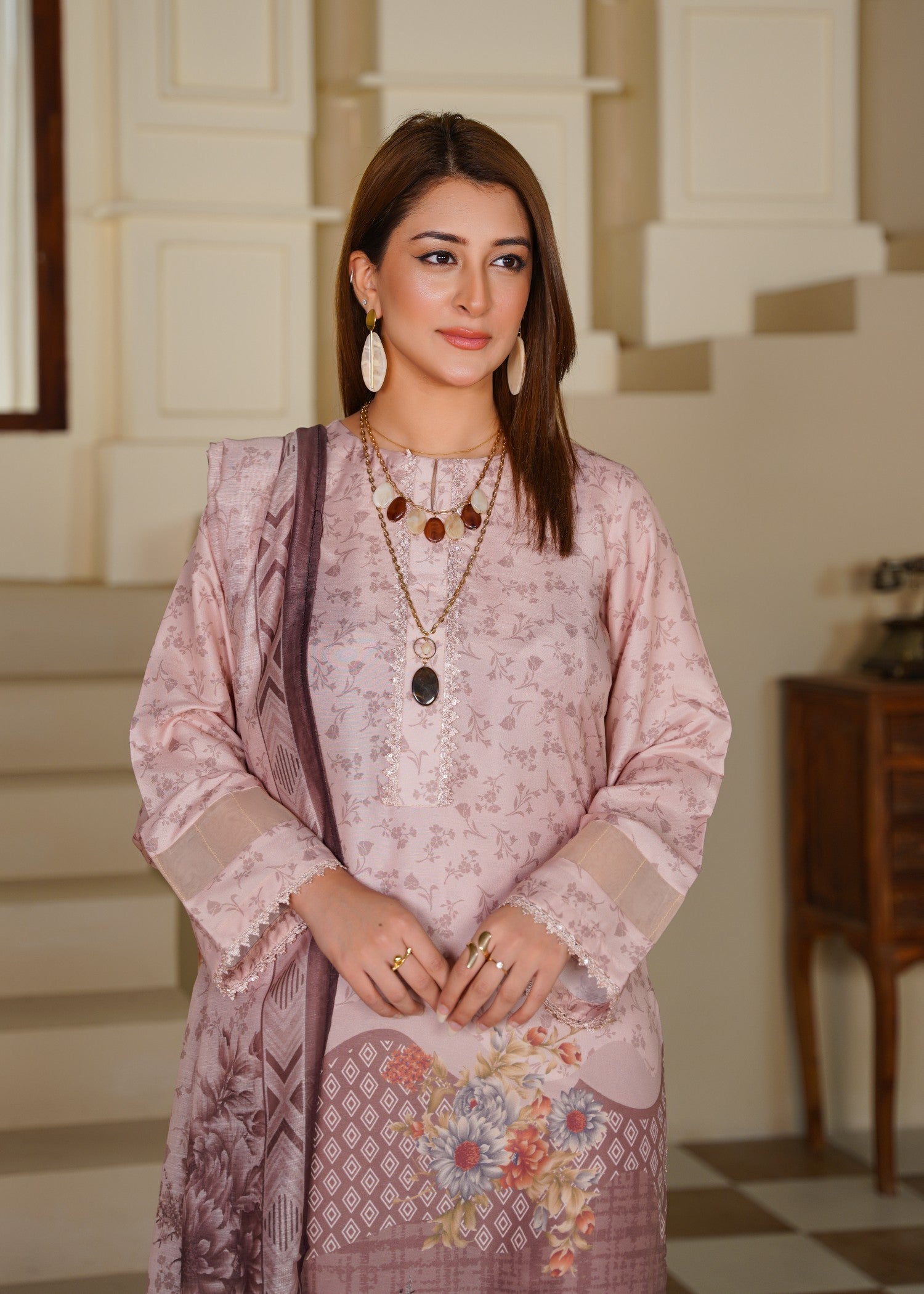 poly lawn Kurta Set in Peach pink
