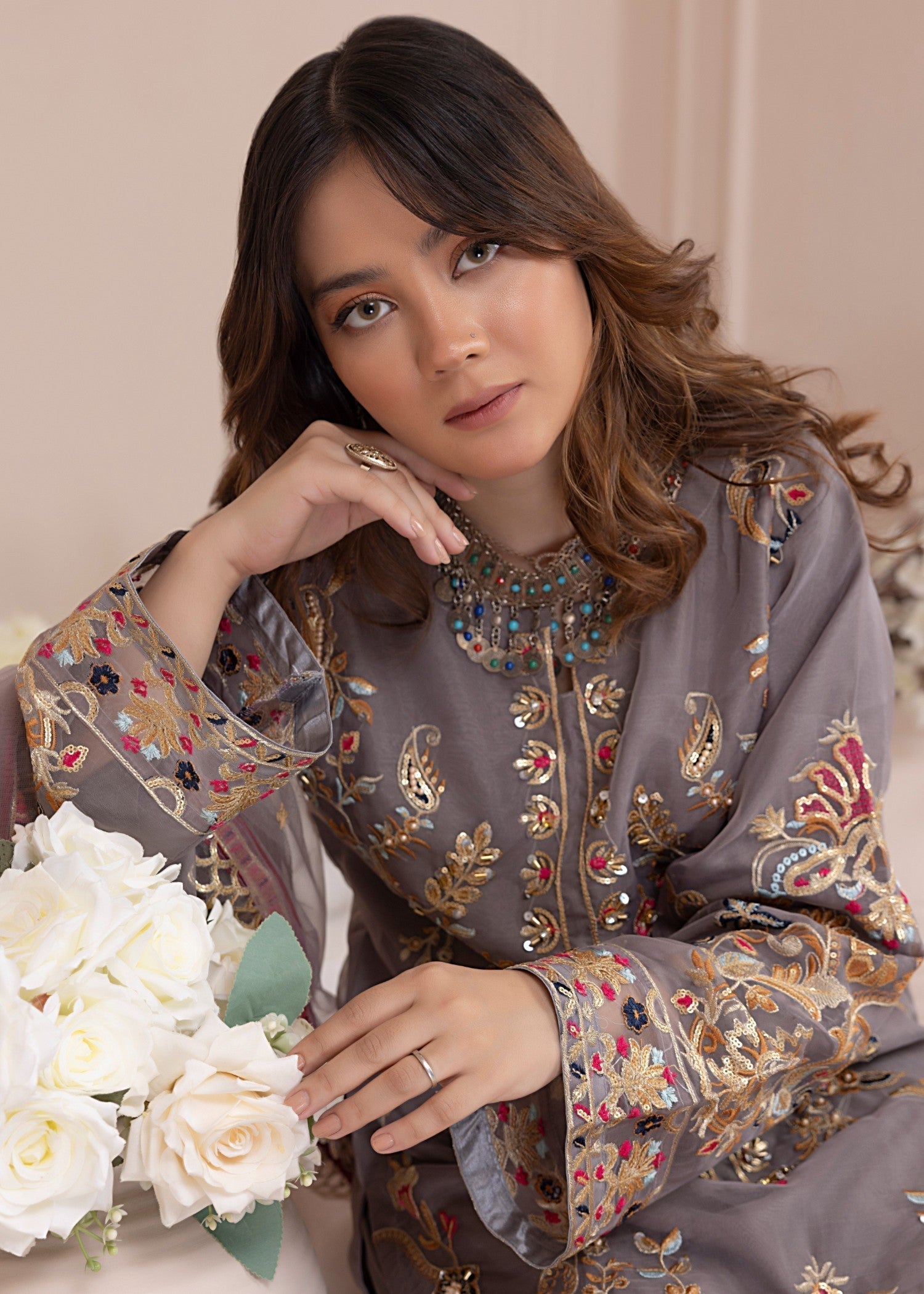 organza Kurta Set in Dark grey