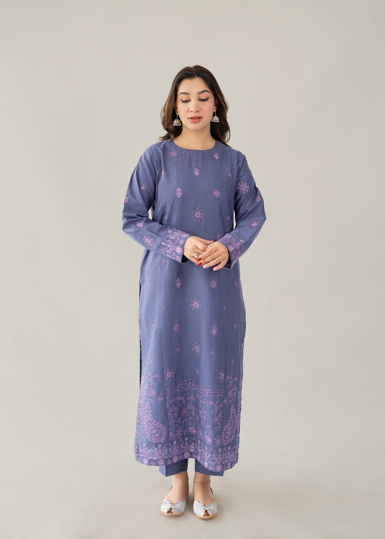 slub khaddar Kurta Set in Royal purple