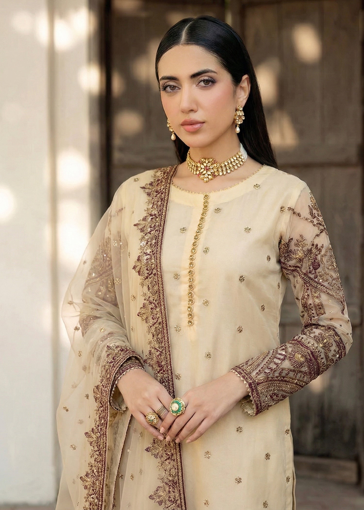 net Kurta Set in Cream