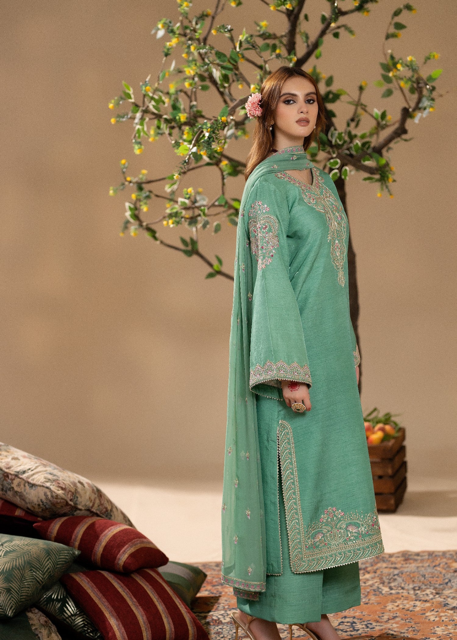 korean raw silk Kurta Set in Mint green