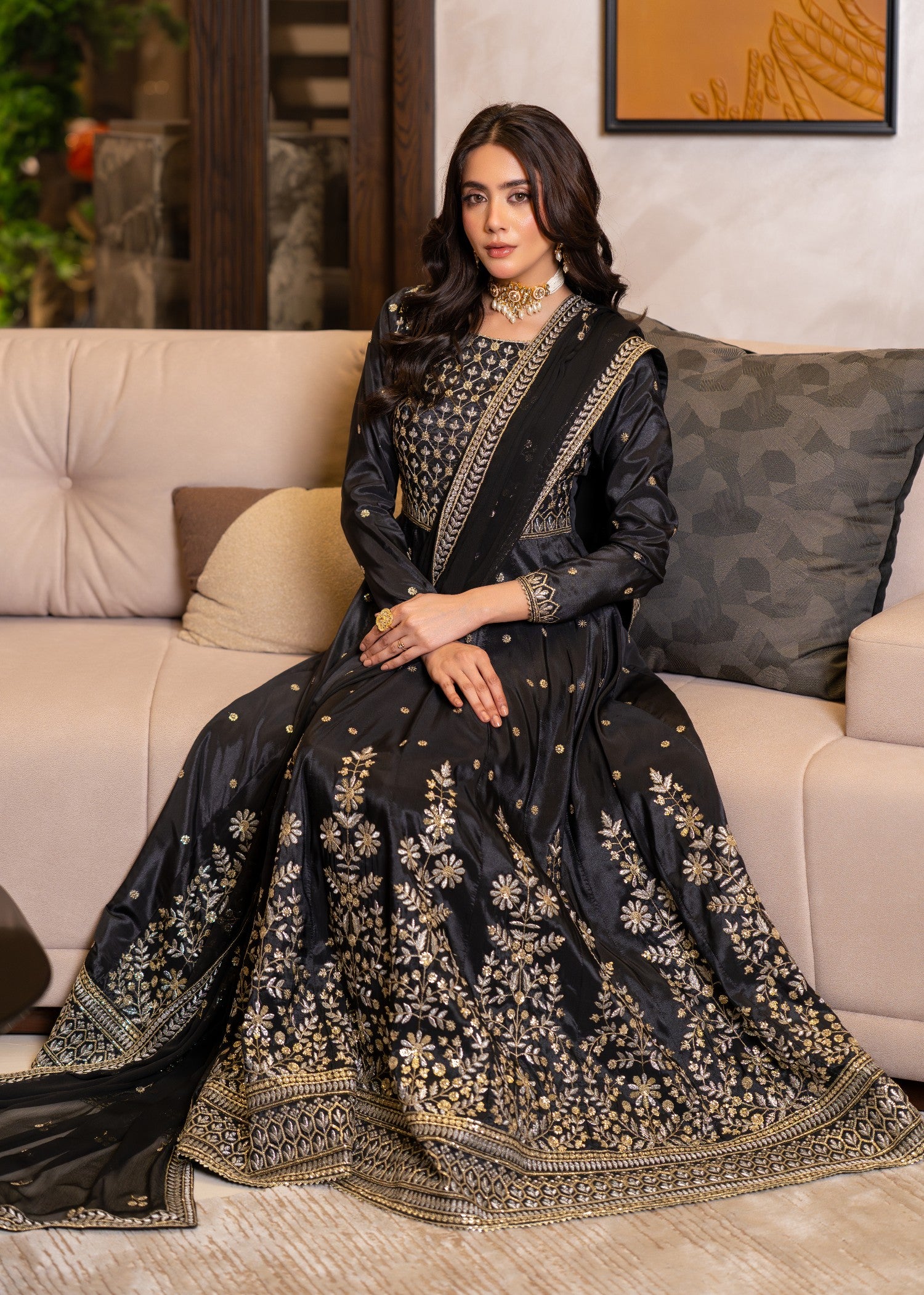 kattan silk Anarkali in Black