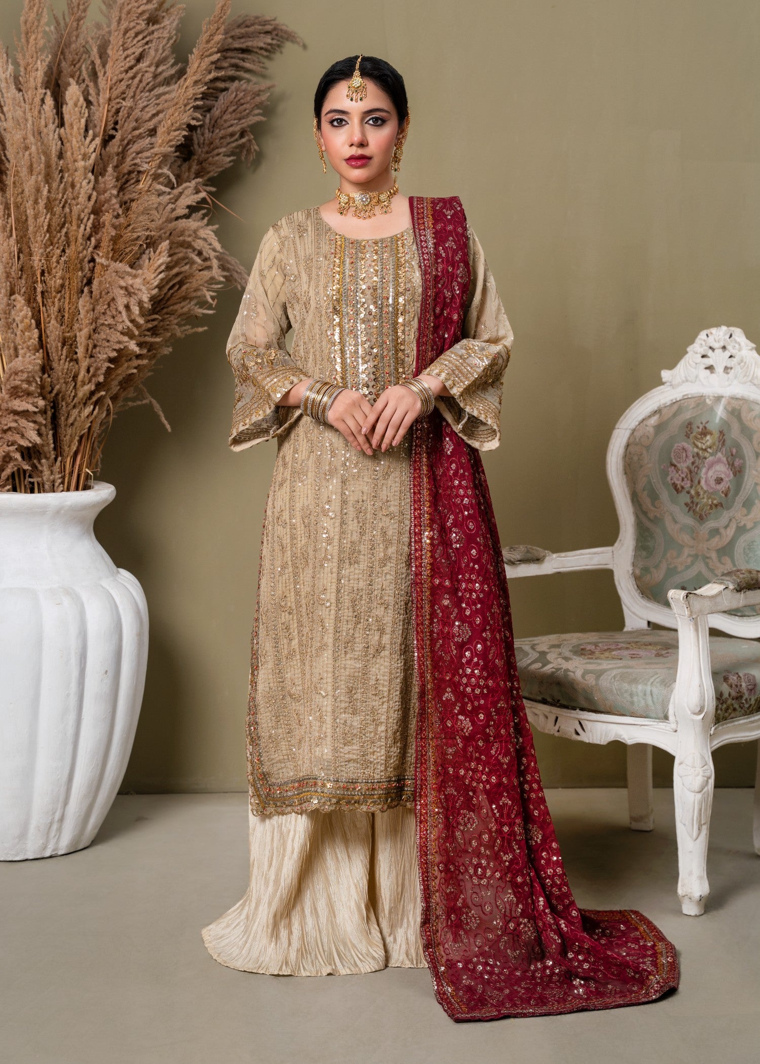 chiffon Kurta Set in Maroon, beige
