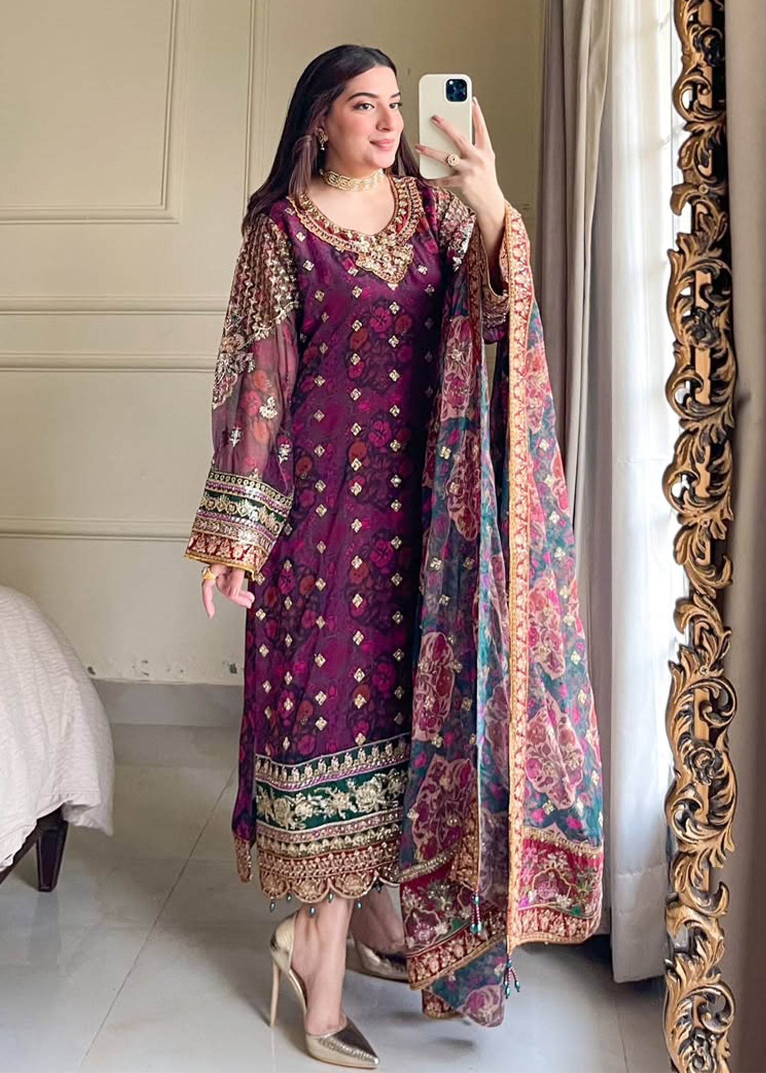 chiffon Kurta Set in Magenta