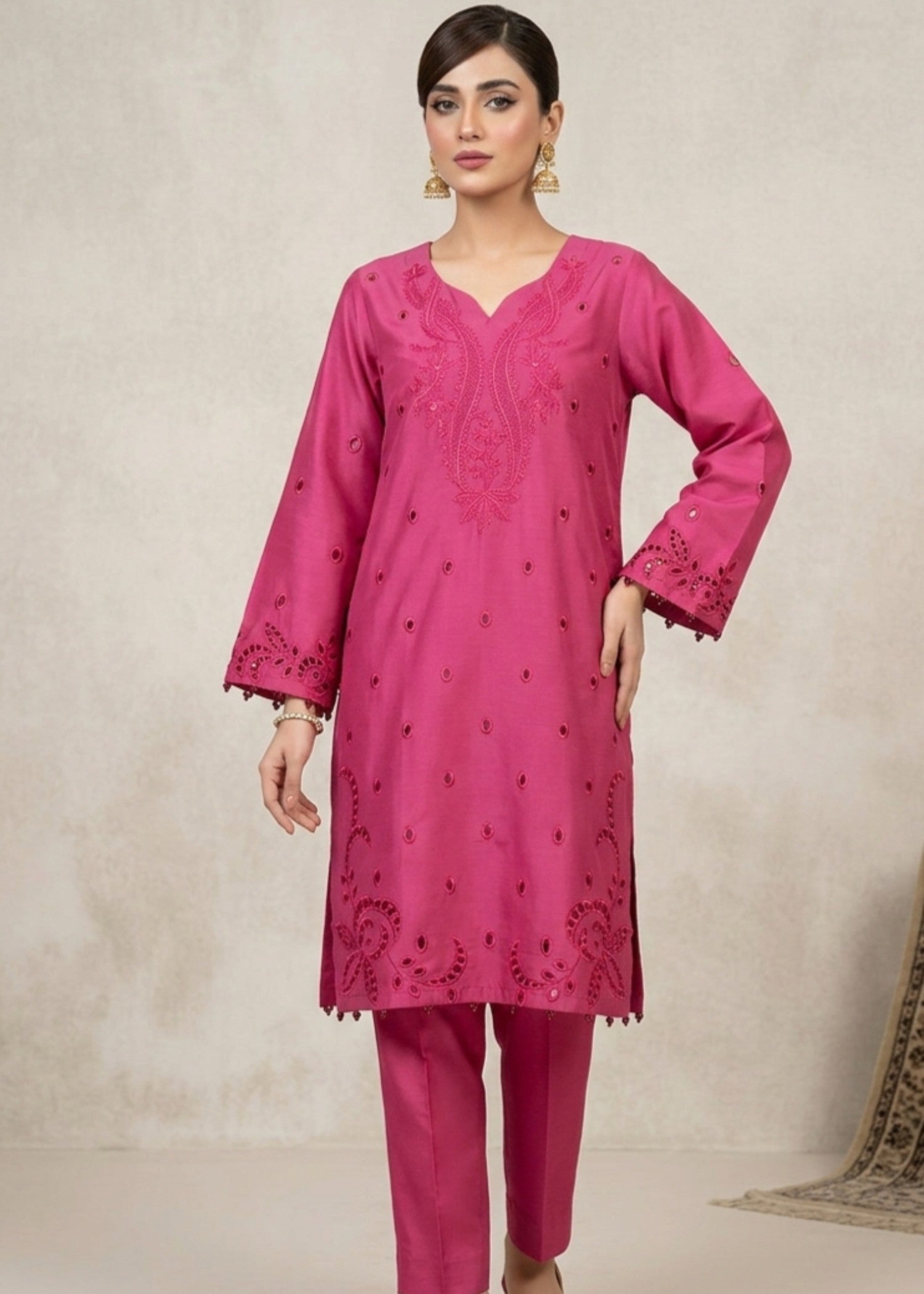 viscose raw silk Kurta Set in Raspberry