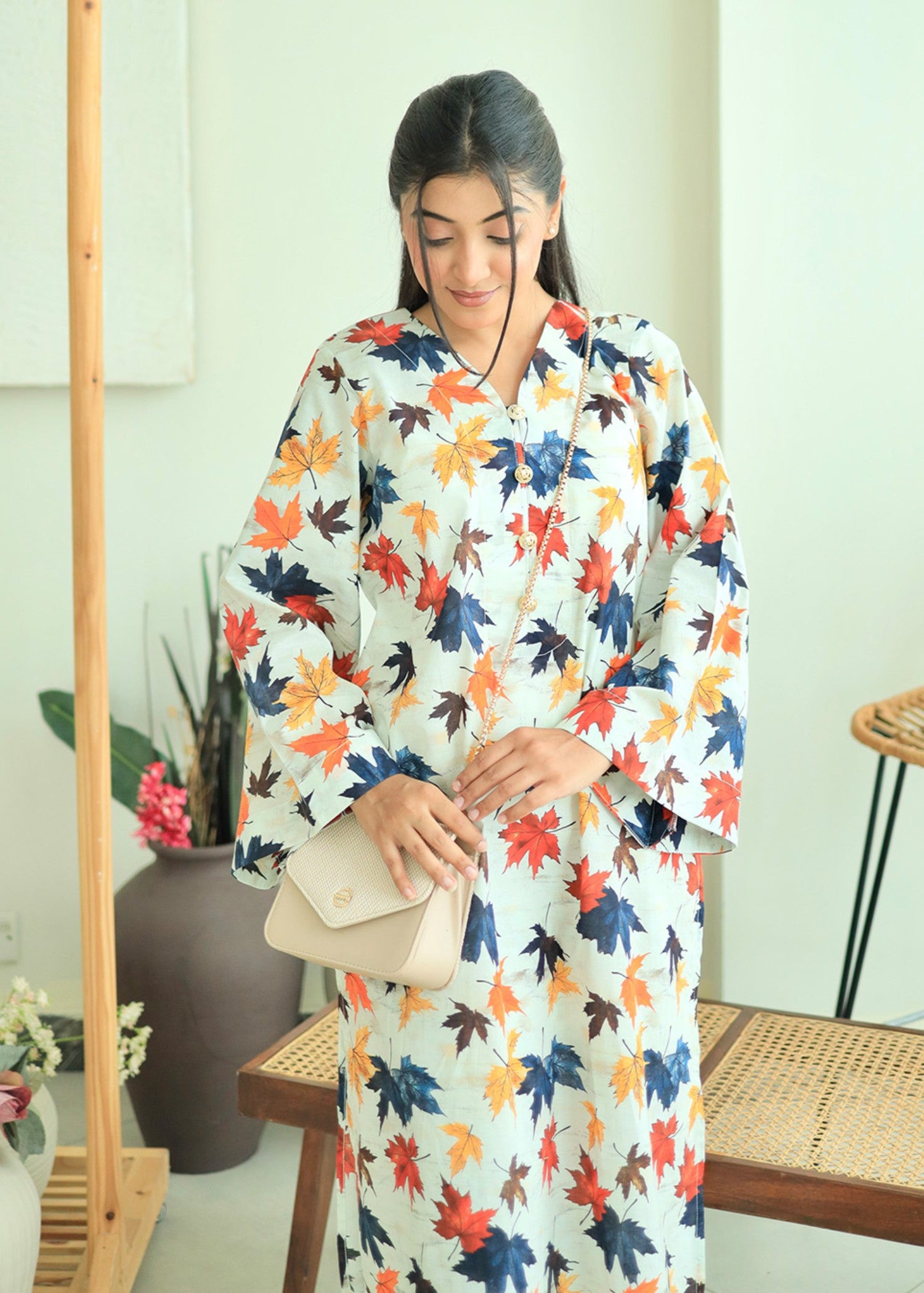 lawn Kurta Set in Beige, pumpkin orange, pale yellow