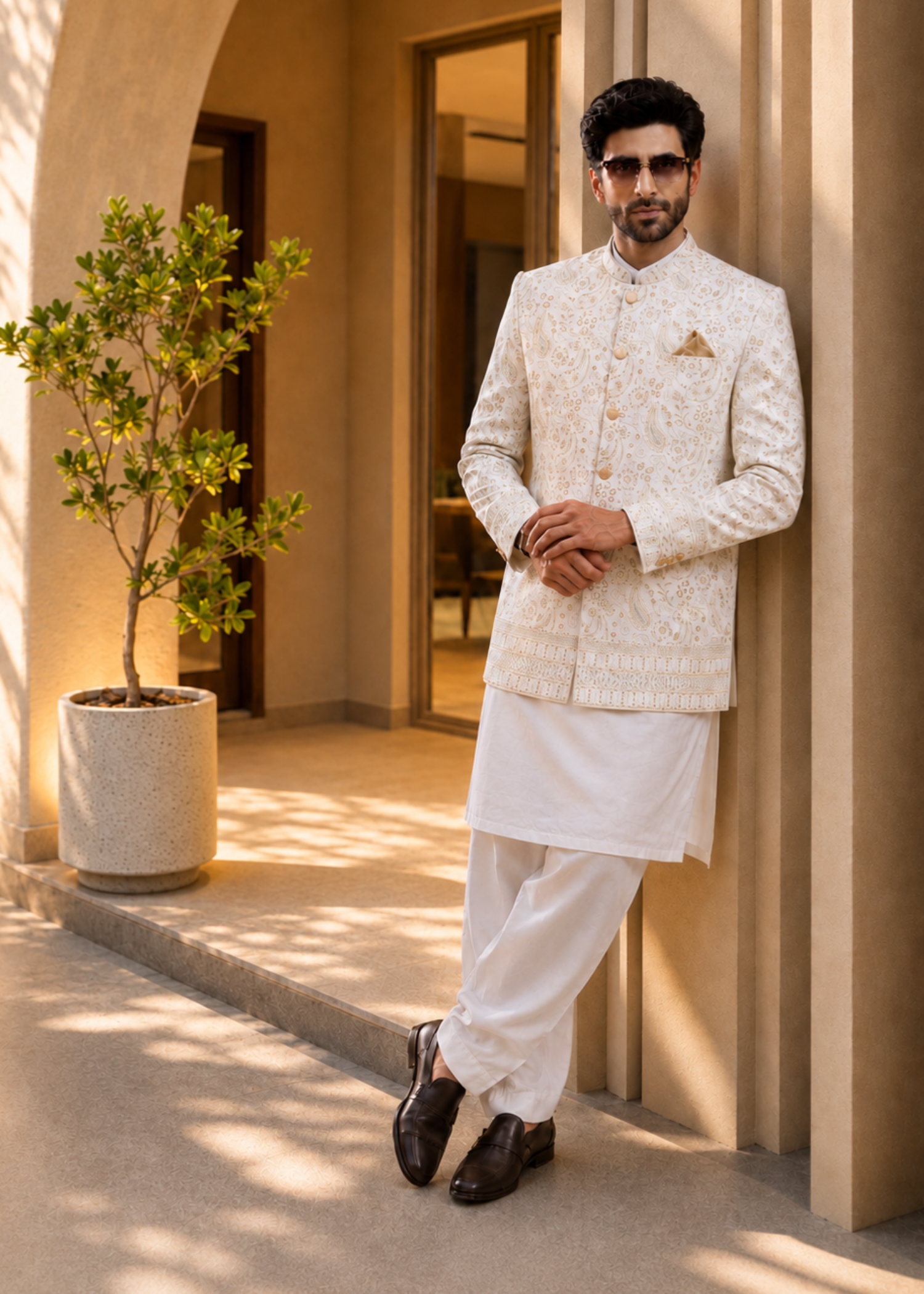 jamawar Prince Coat in Off-white