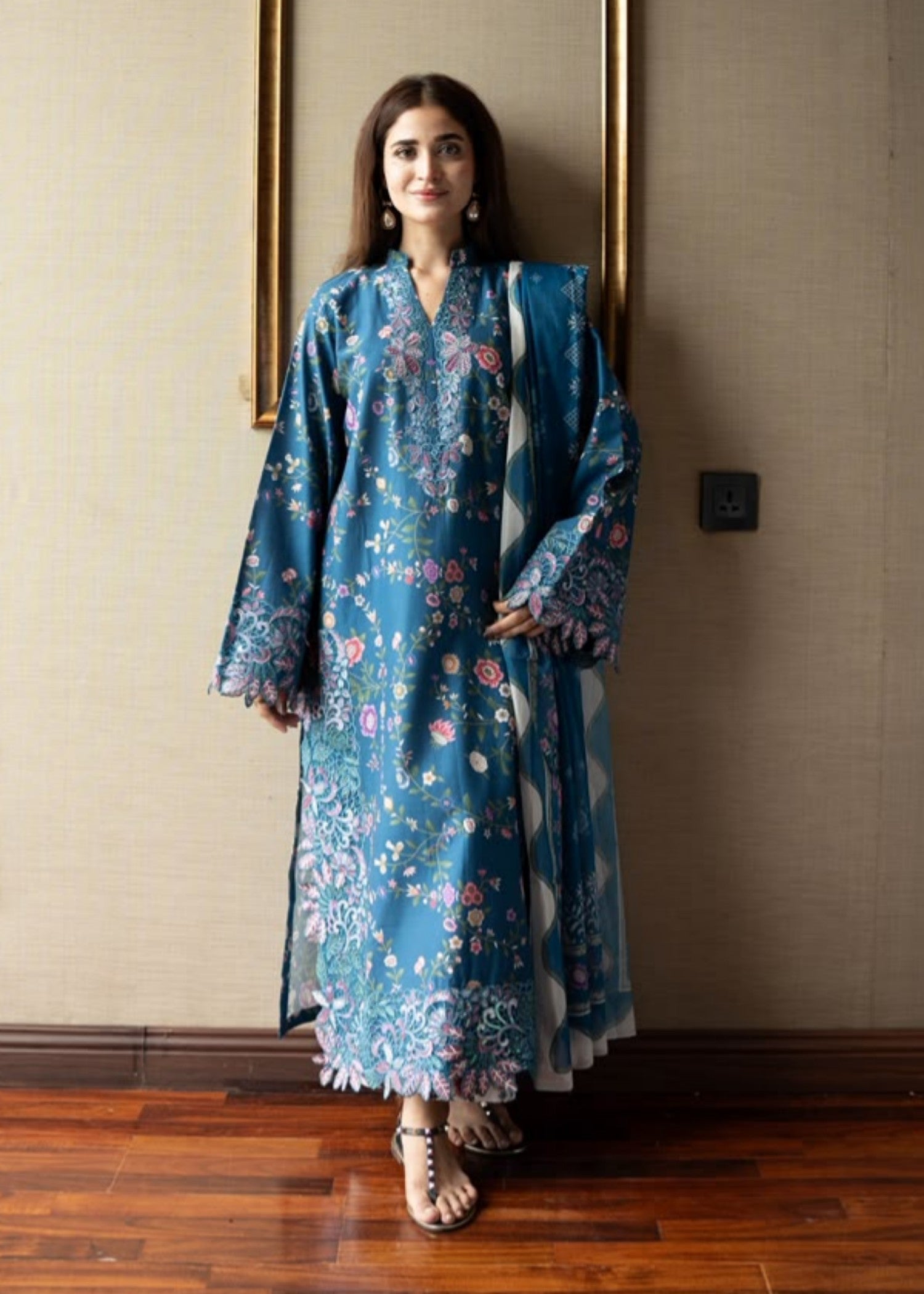 lawn Kurta Set in Navy blue