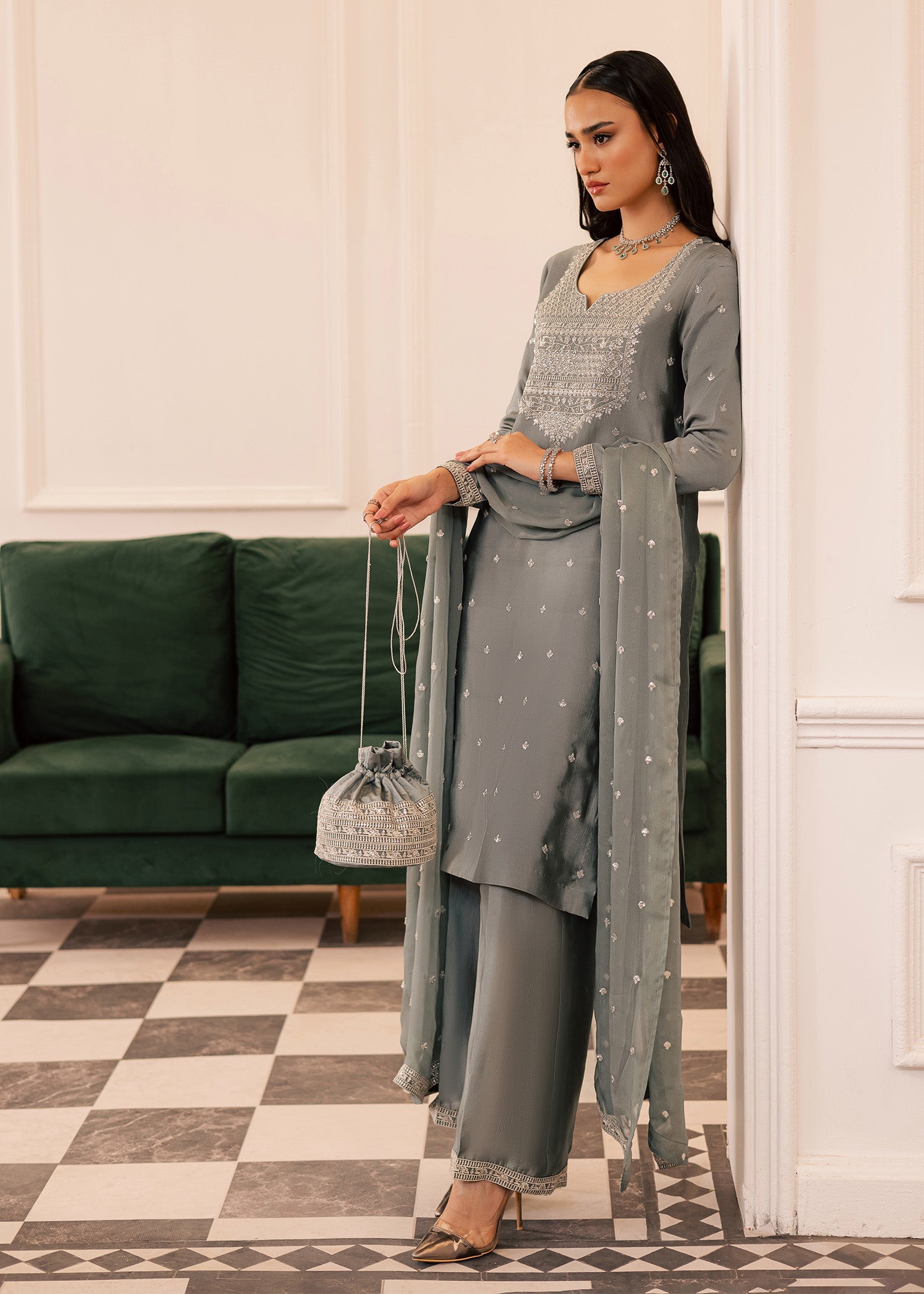 thai silk Kurta Set in Ash grey