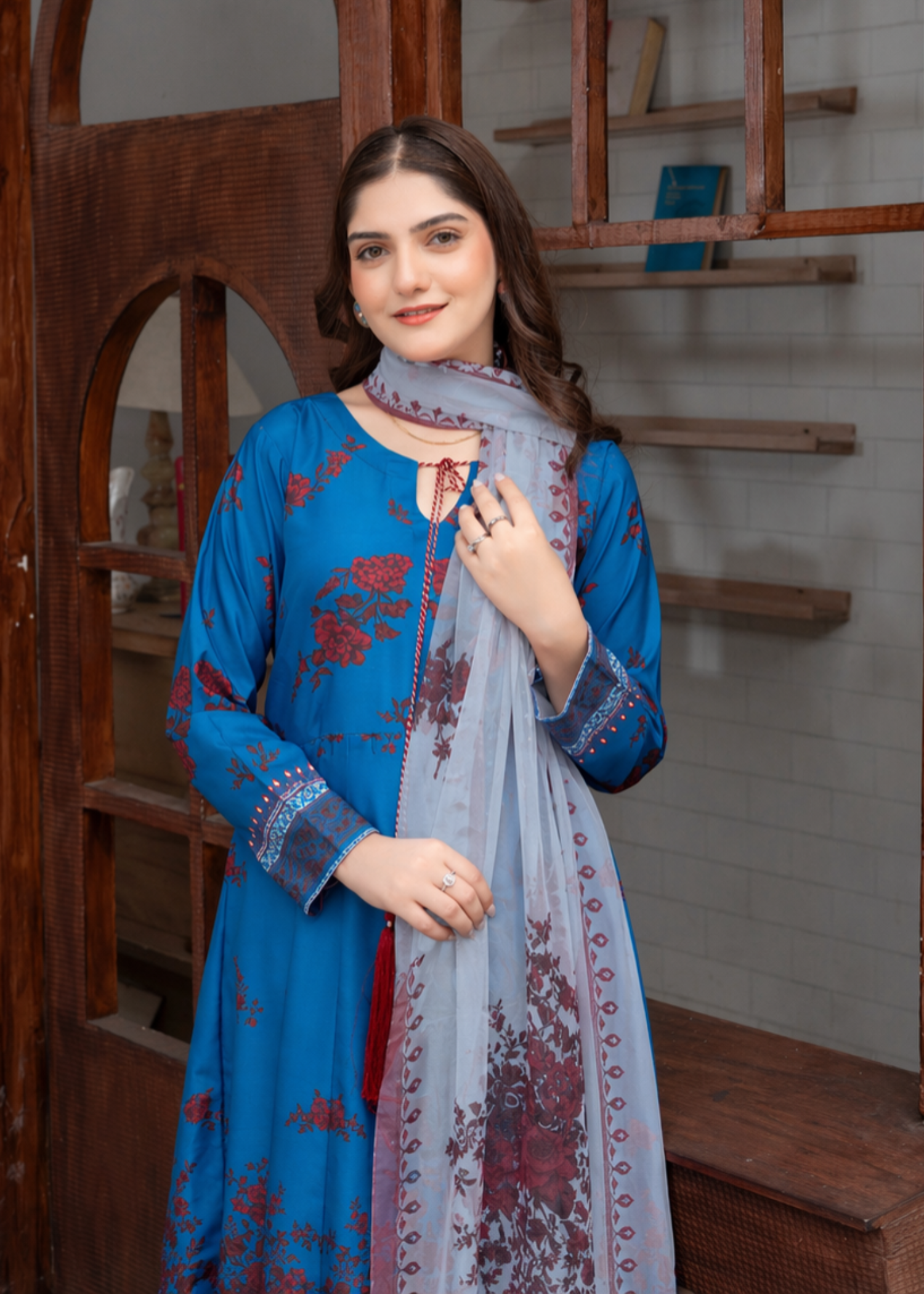 poly lawn Anarkali in Navy blue, pastel grey, burnt red