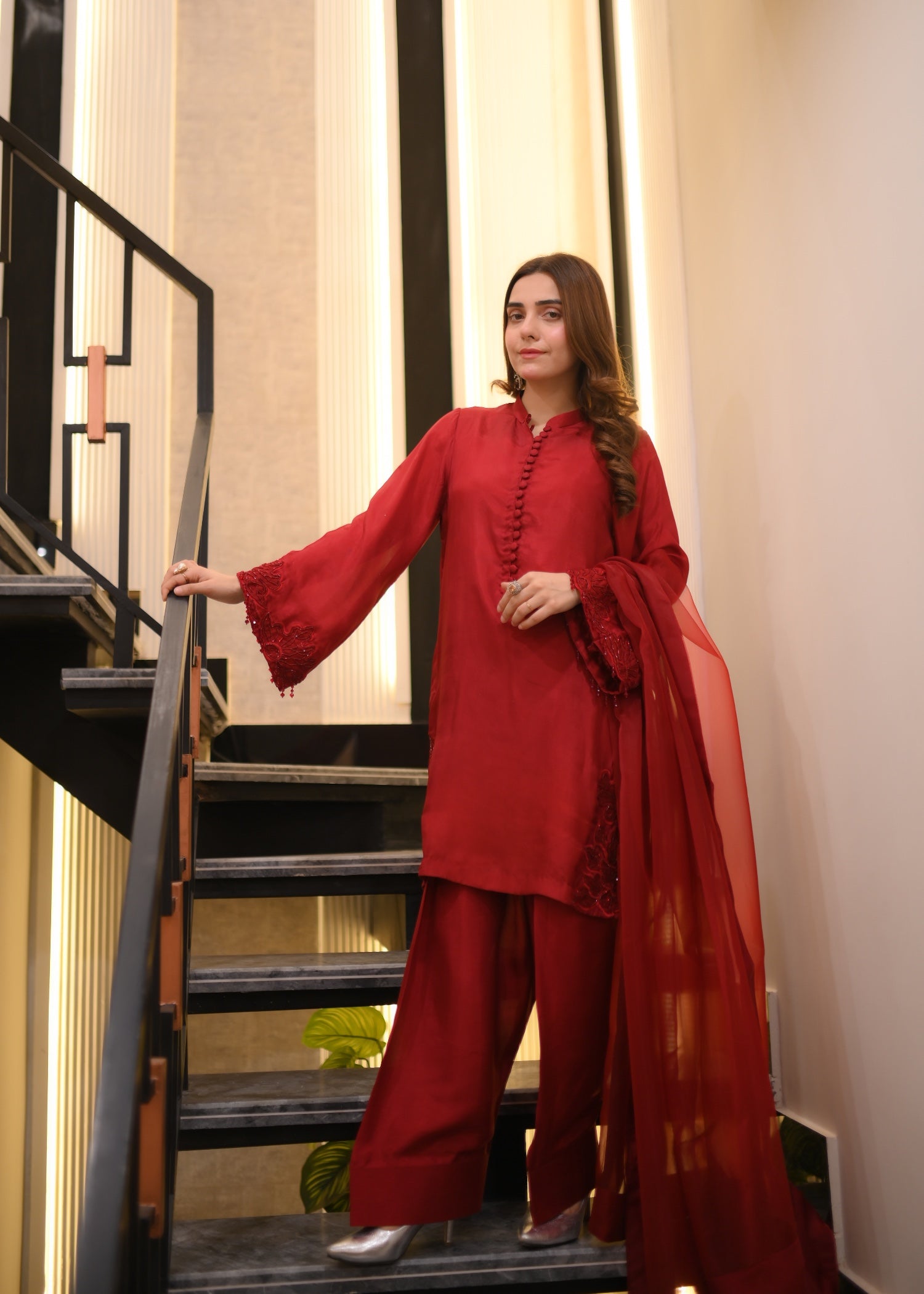 tussar silk Kurta Set in Spicy red