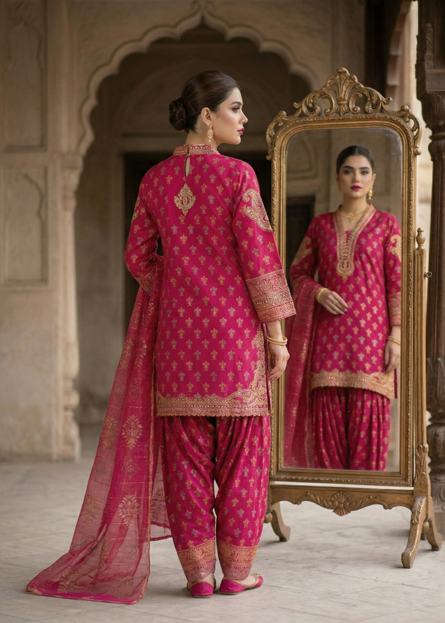 jacquard Kurta Set in Shocking pink