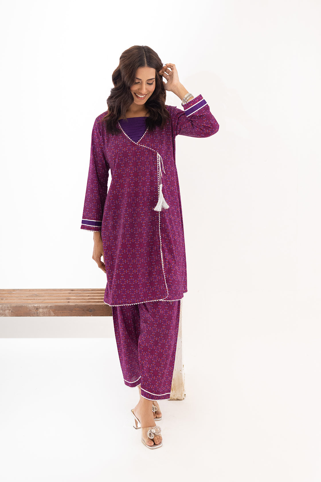 lawn Angrakha in Purple