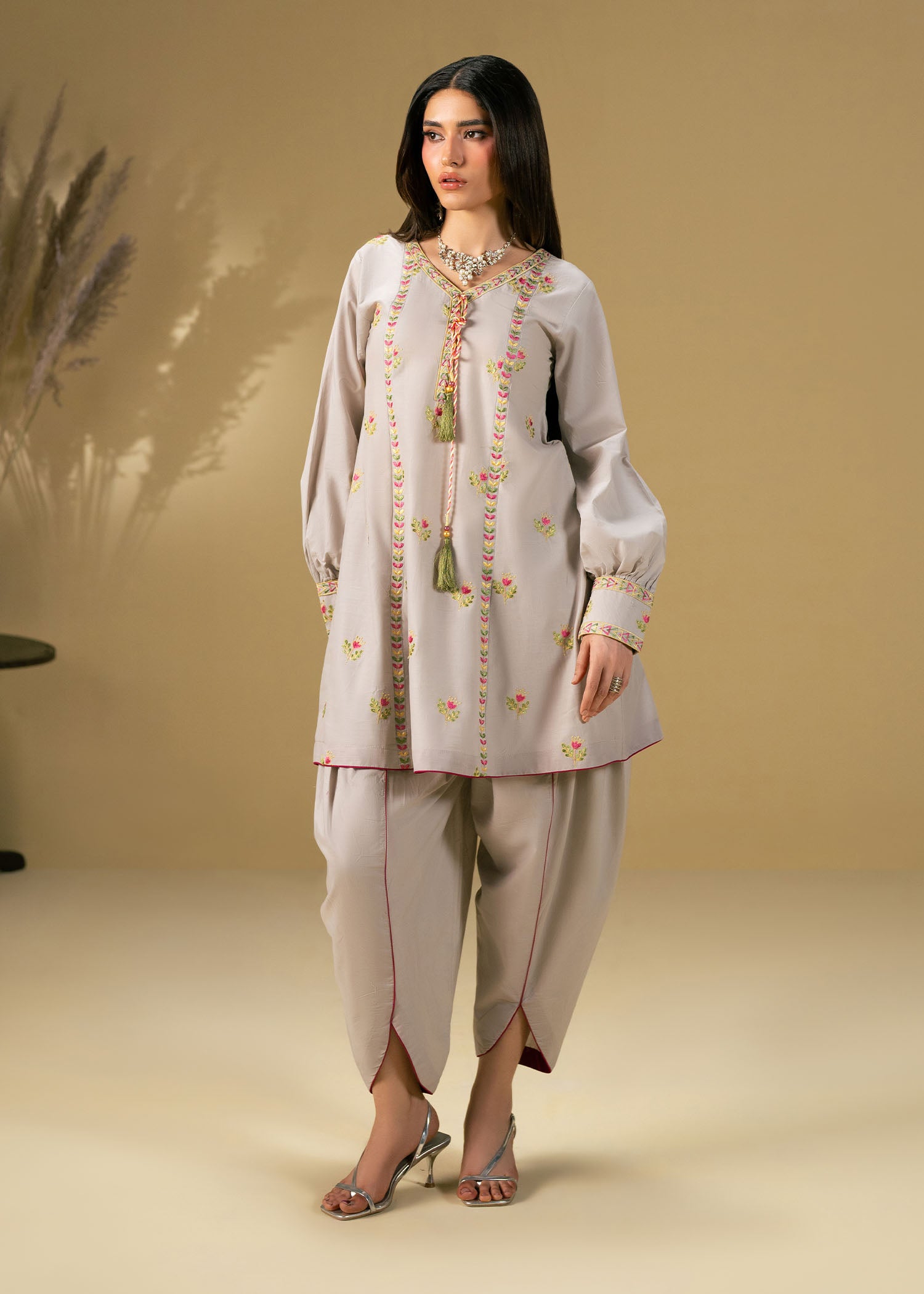 lawn Short Frock in Light grey