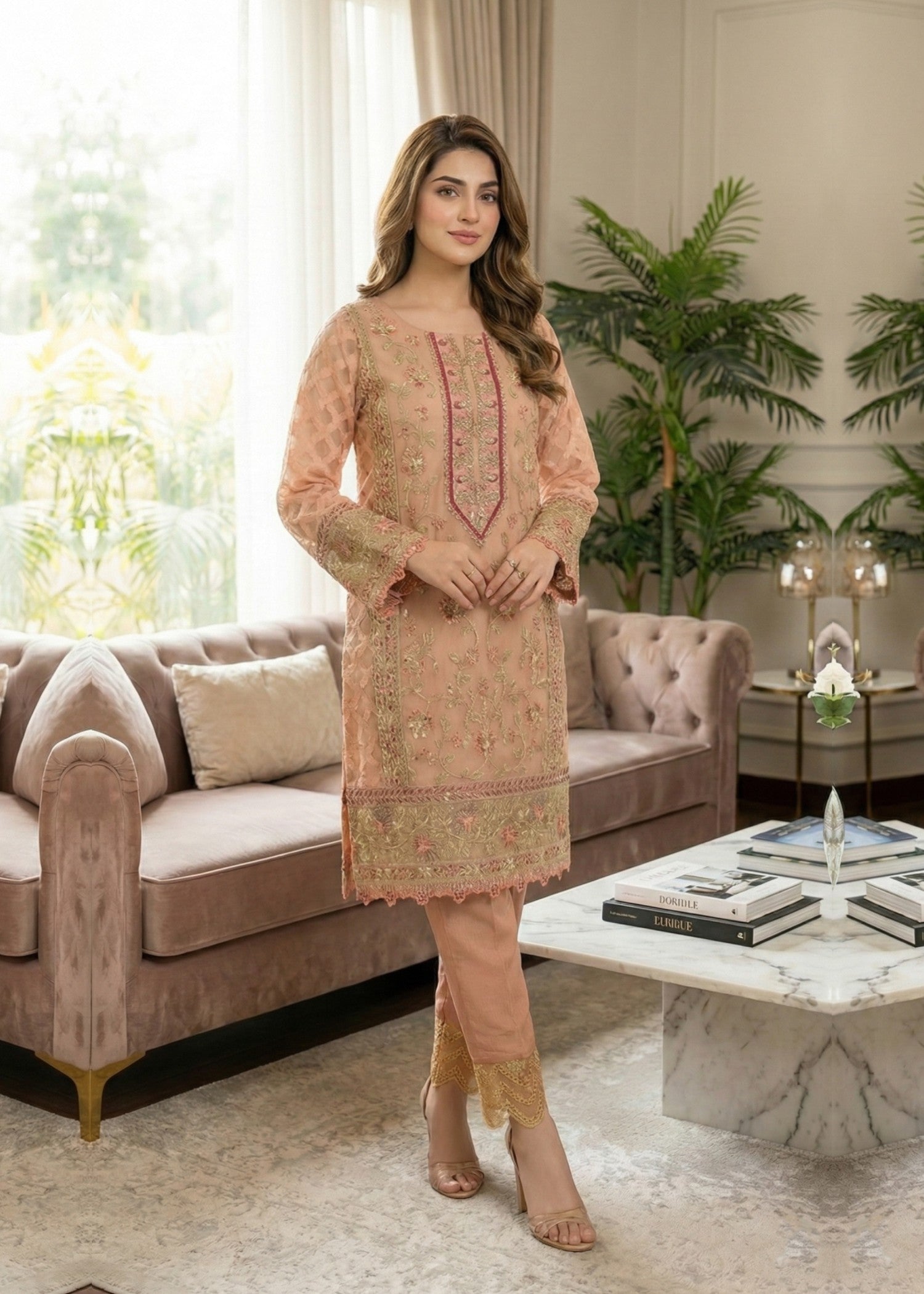 jacquard organza Kurta Set in Peach pink