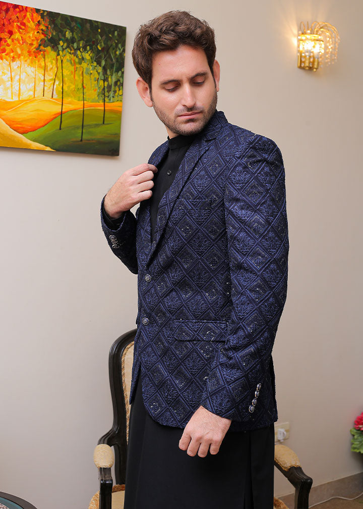 banarsi silk Prince Coat in Navy blue