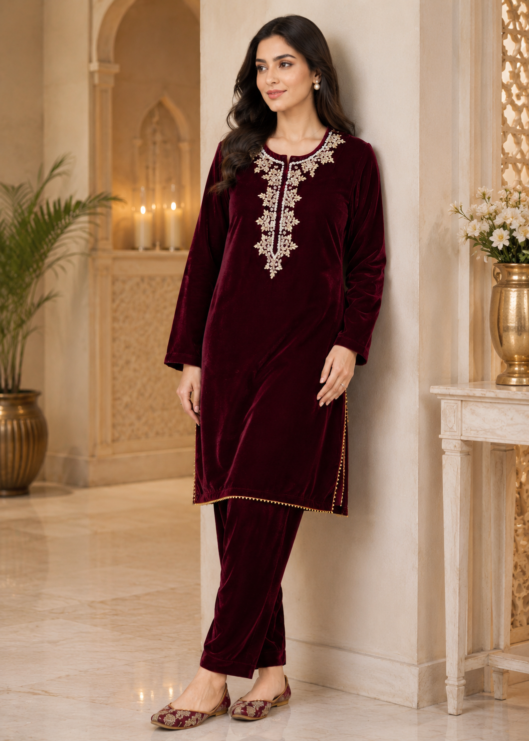 chinese micro velvet 9000 Kurta Set in Maroon