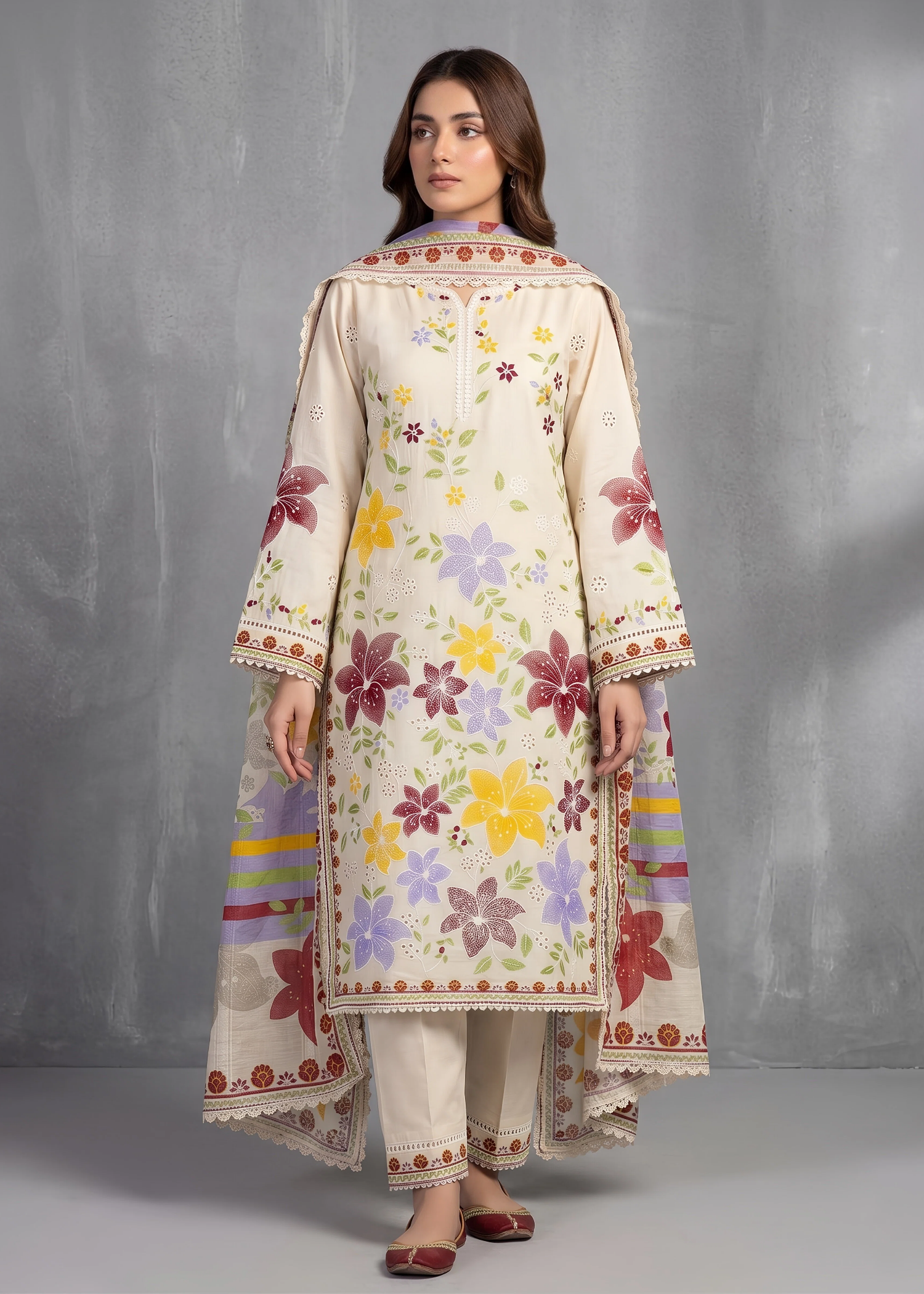 lawn cotton Kurta Set in Wheat