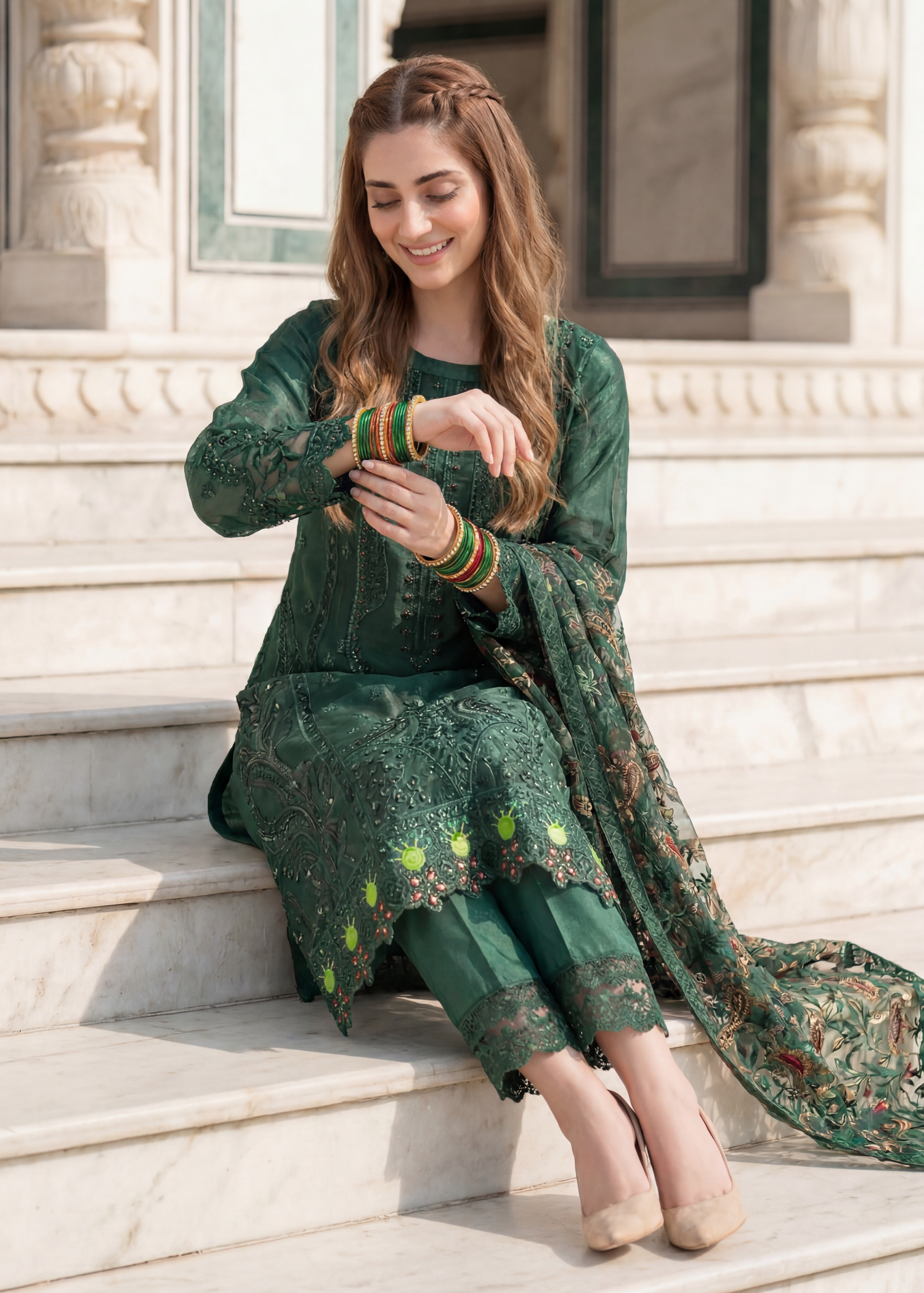 net Kurta Set in Bottle green