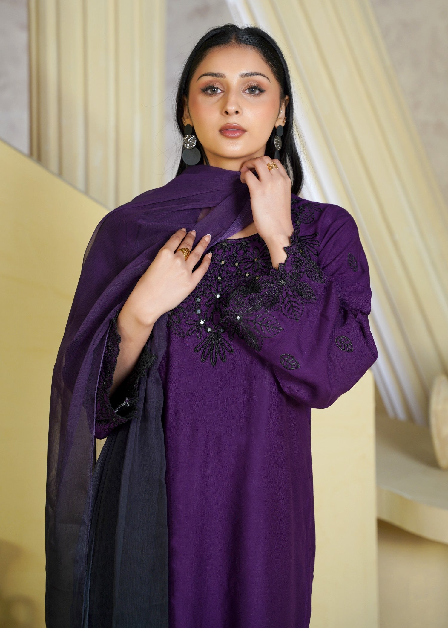 linen chambray Kurta Set in Royal amethyst