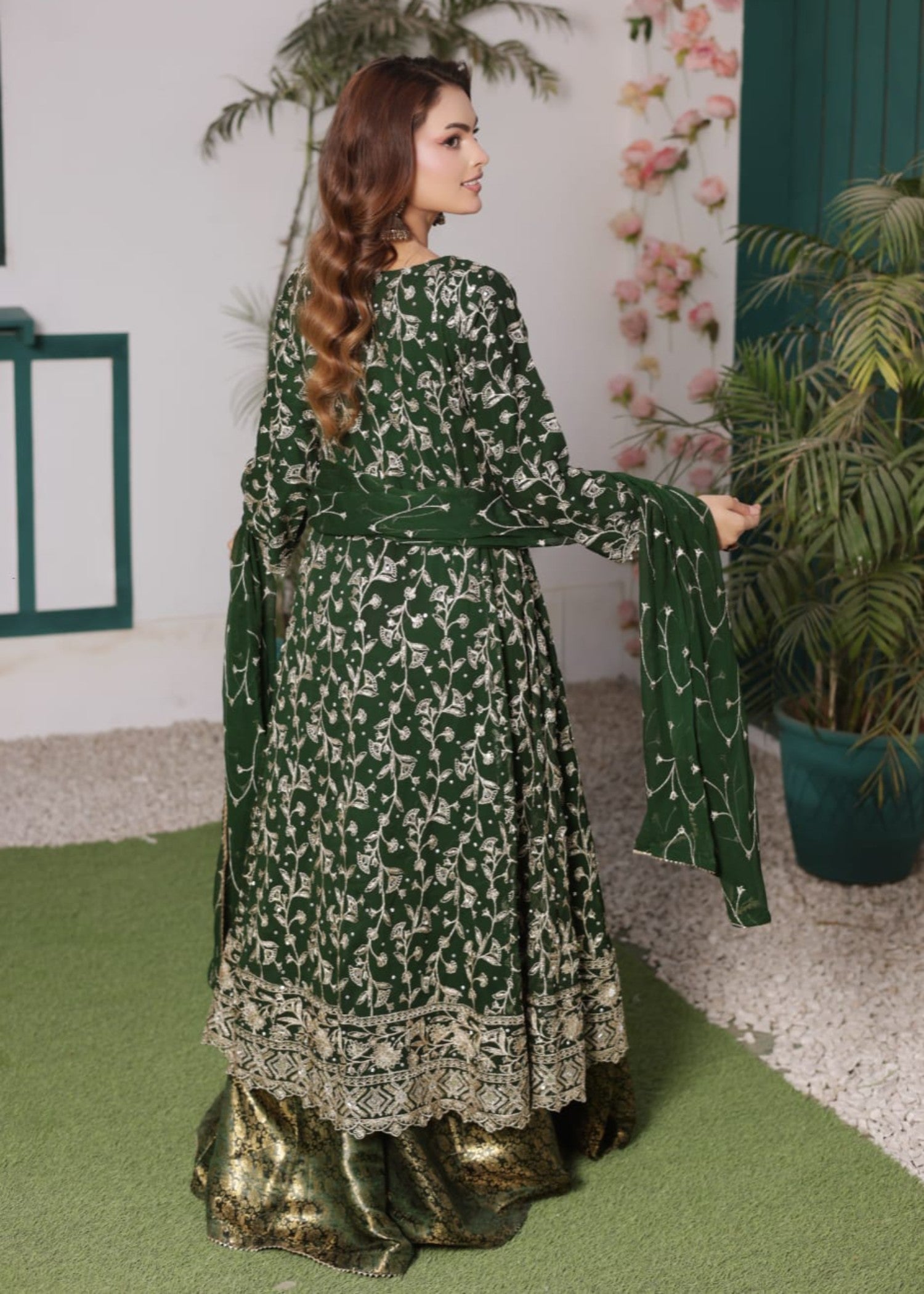 bemberg crinkle chiffon Lehenga in Bottle green