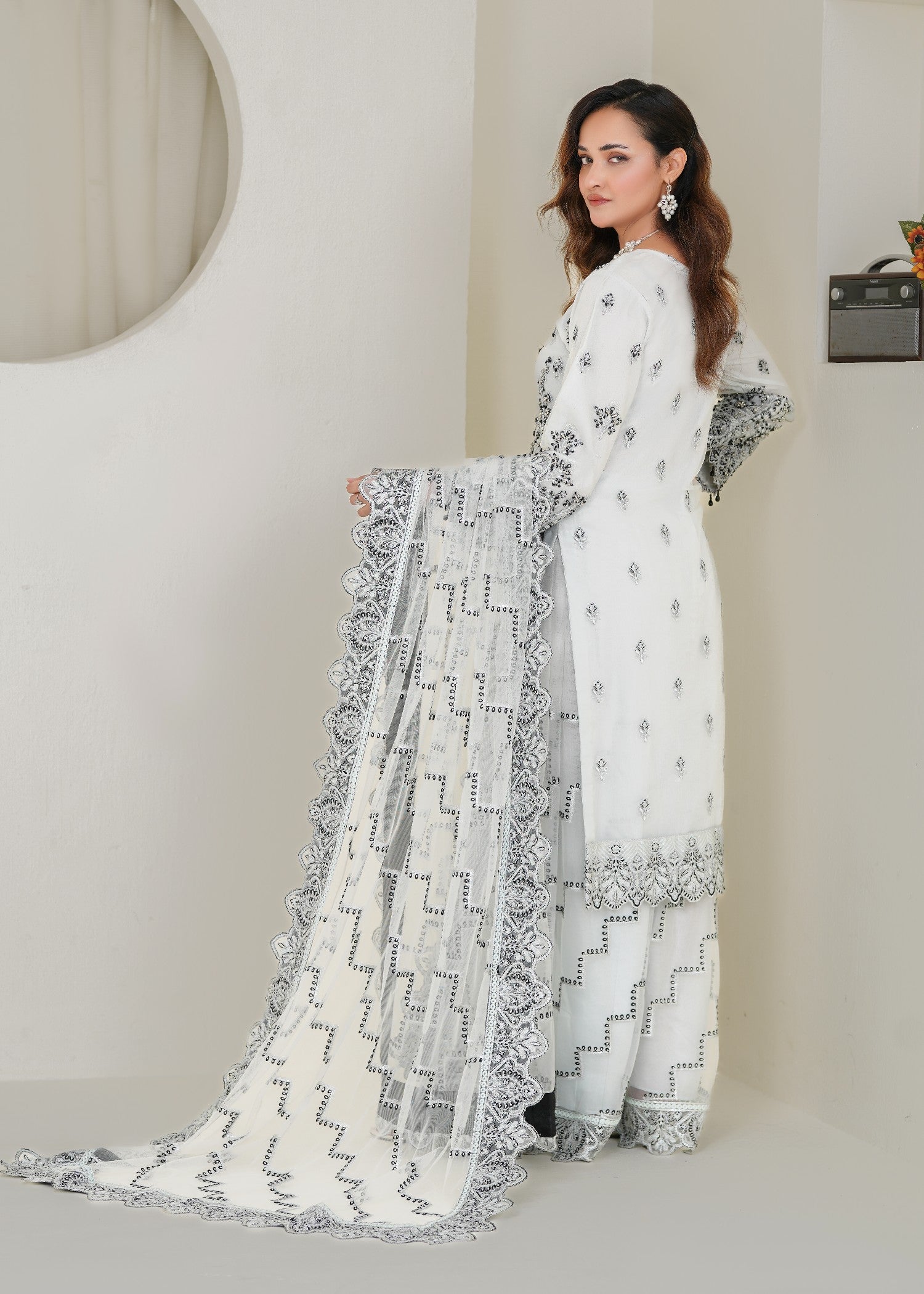net Kurta Set in White