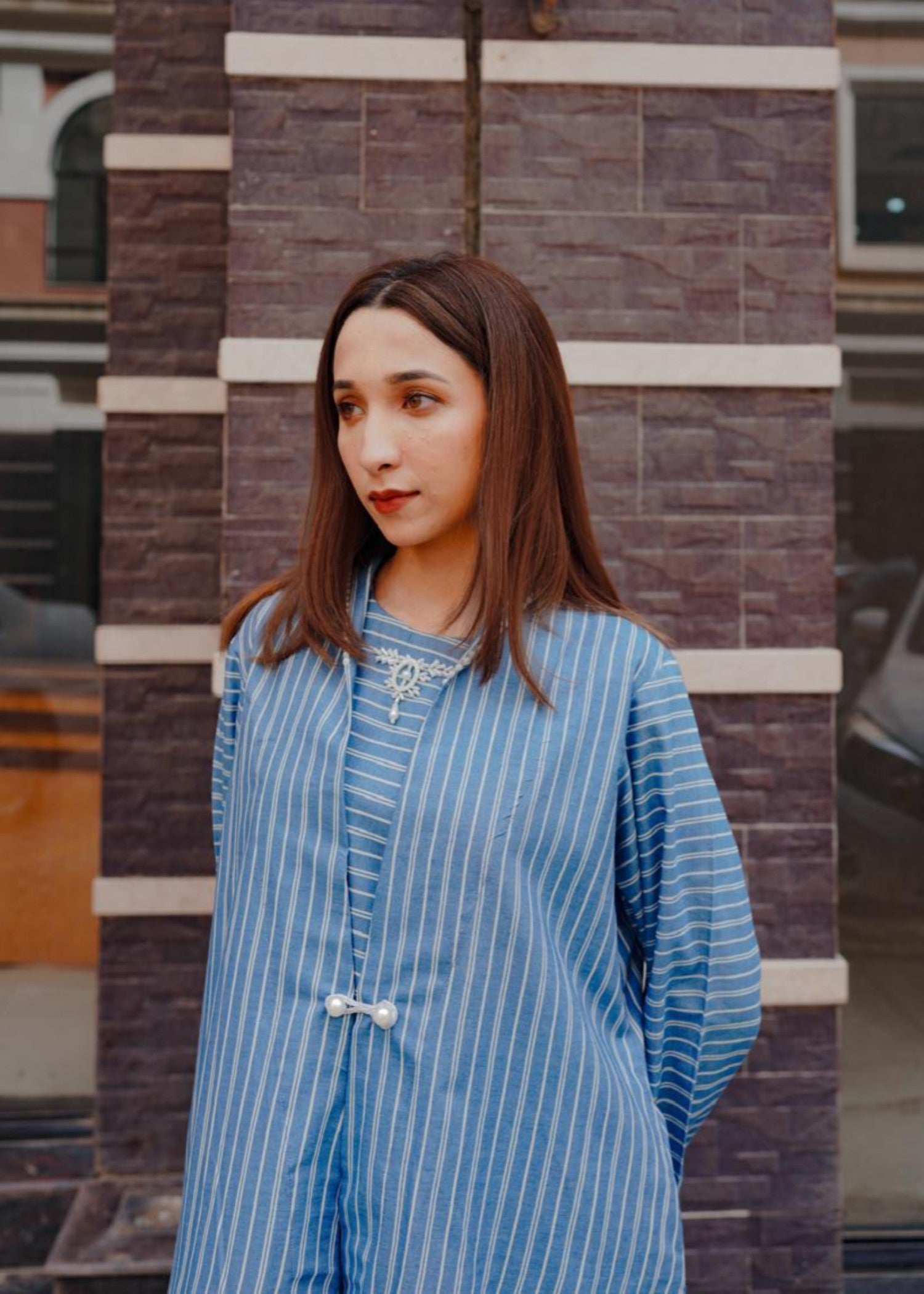 denim-like chambray Gown in Light blue