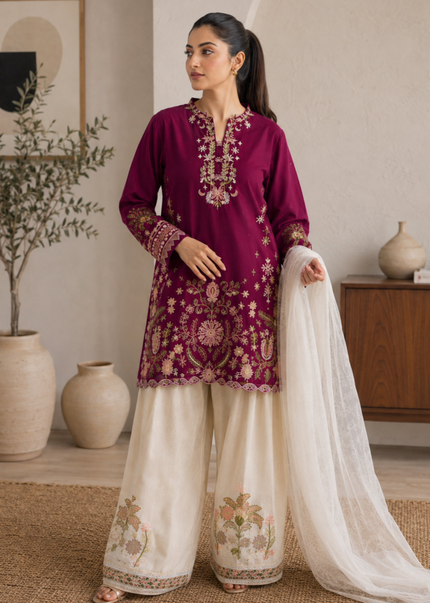 linen Kurta Set in White, deep purple