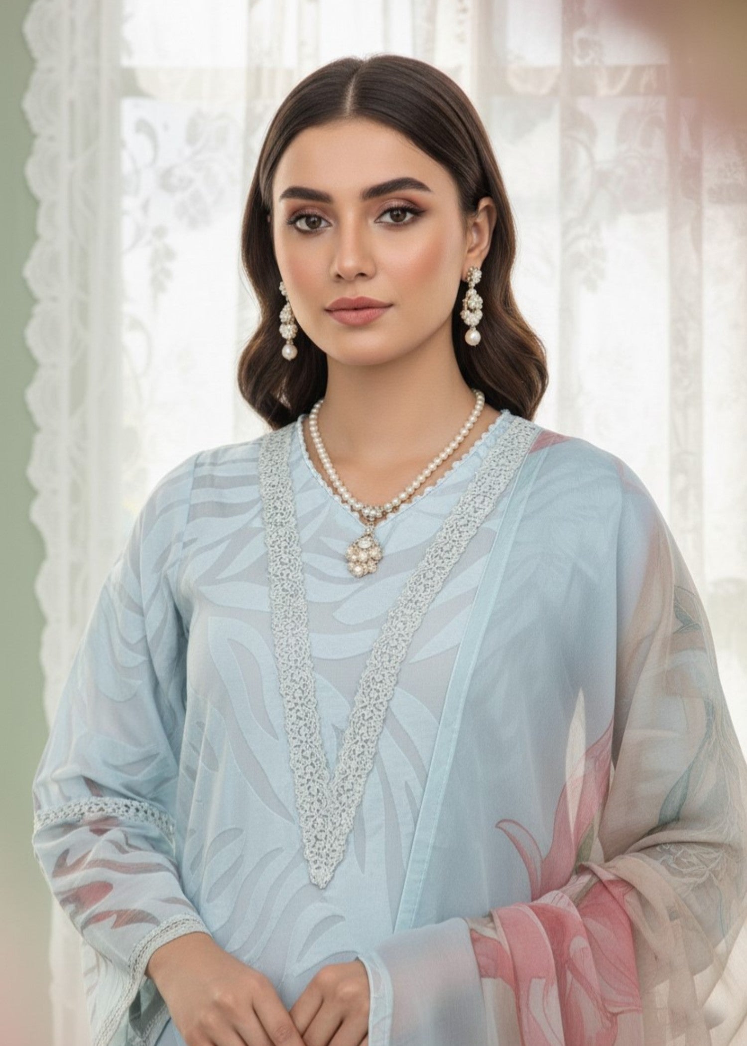 jacquard organza Kurta Set in Light blue