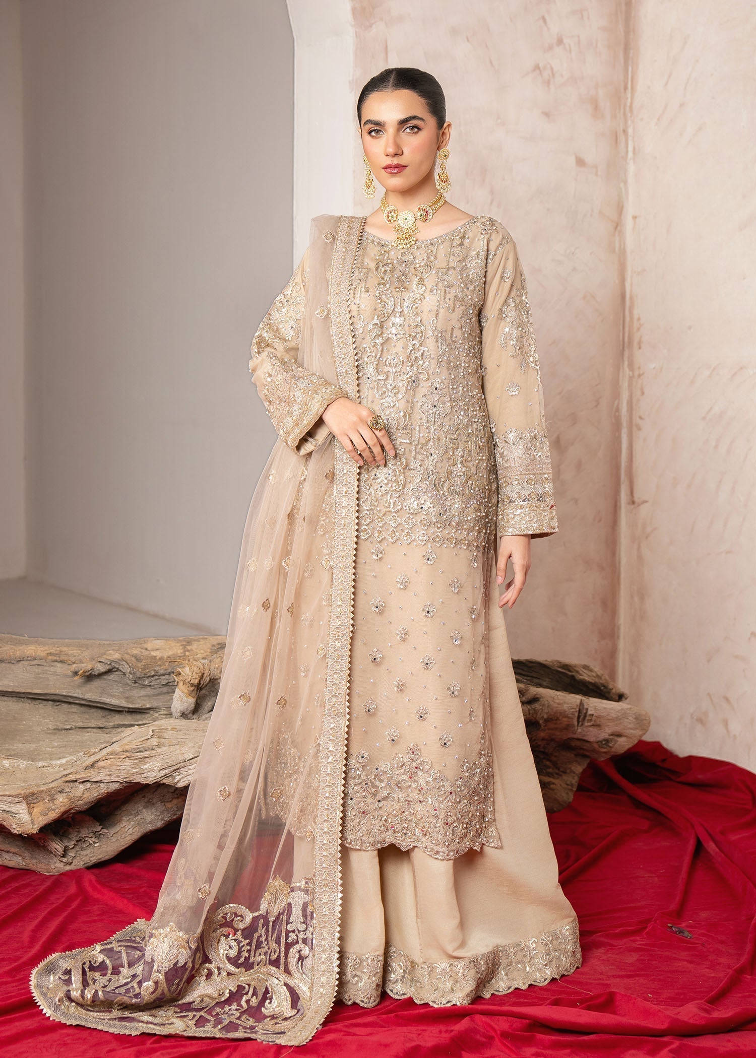 polyester net Kurta Set in Beige