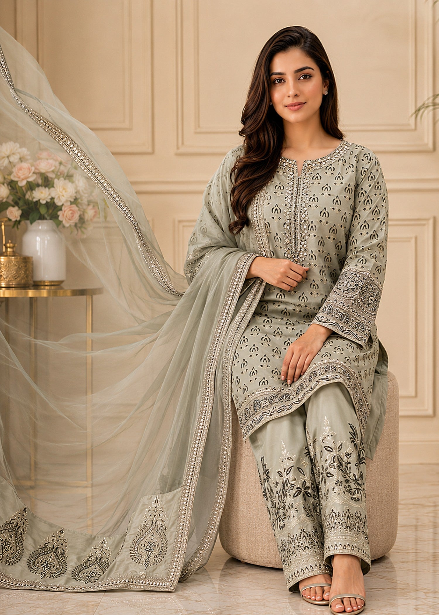 kattan silk Kurta Set in Ash grey