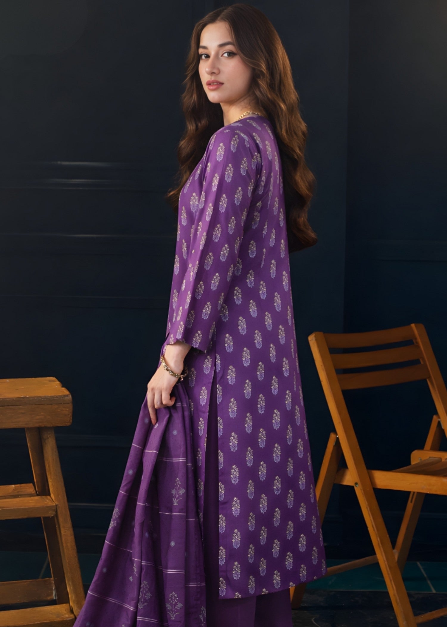 cambric Kurta Set in Royal purple