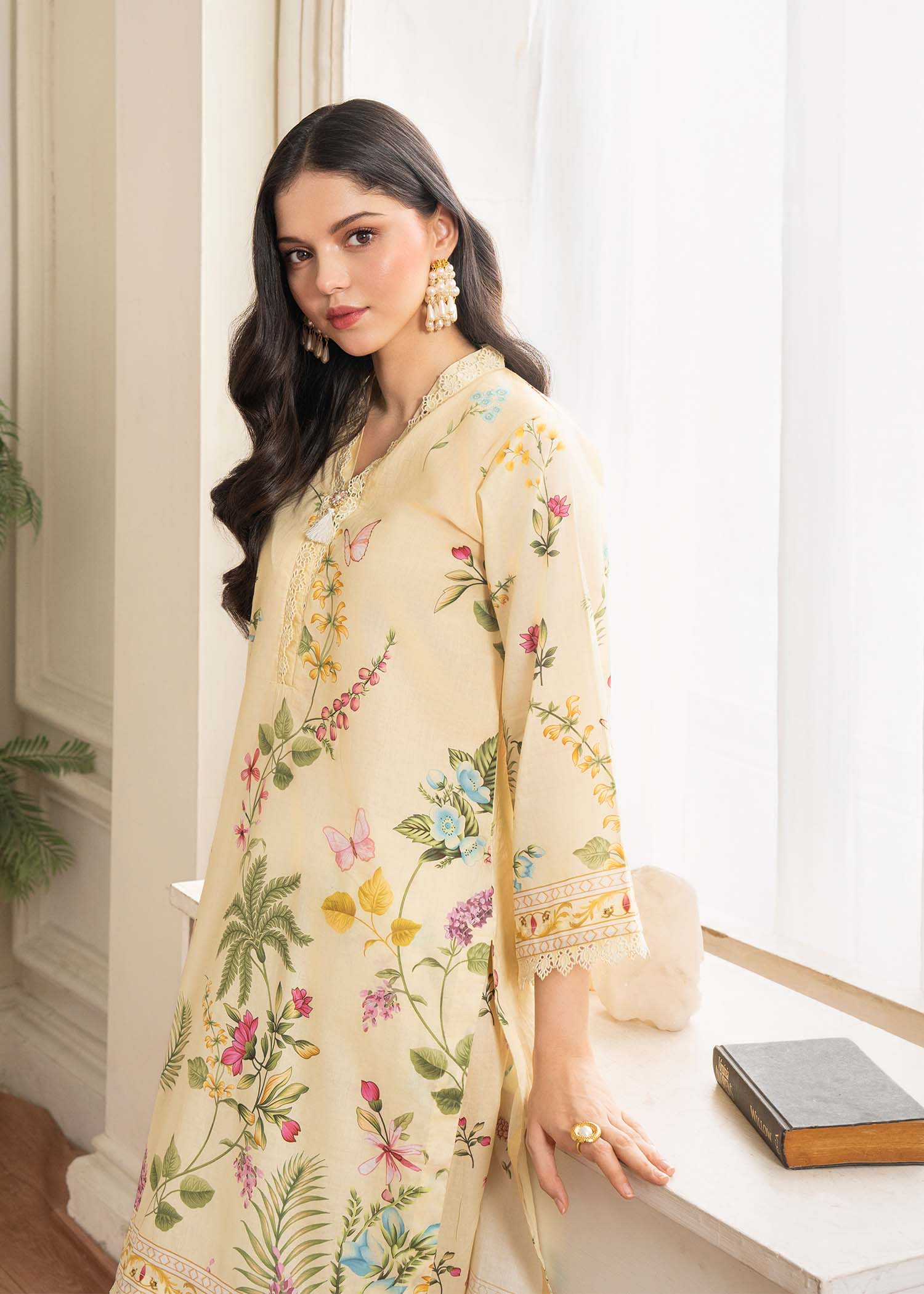 silk finish lawn Kurta Set in Light yellow