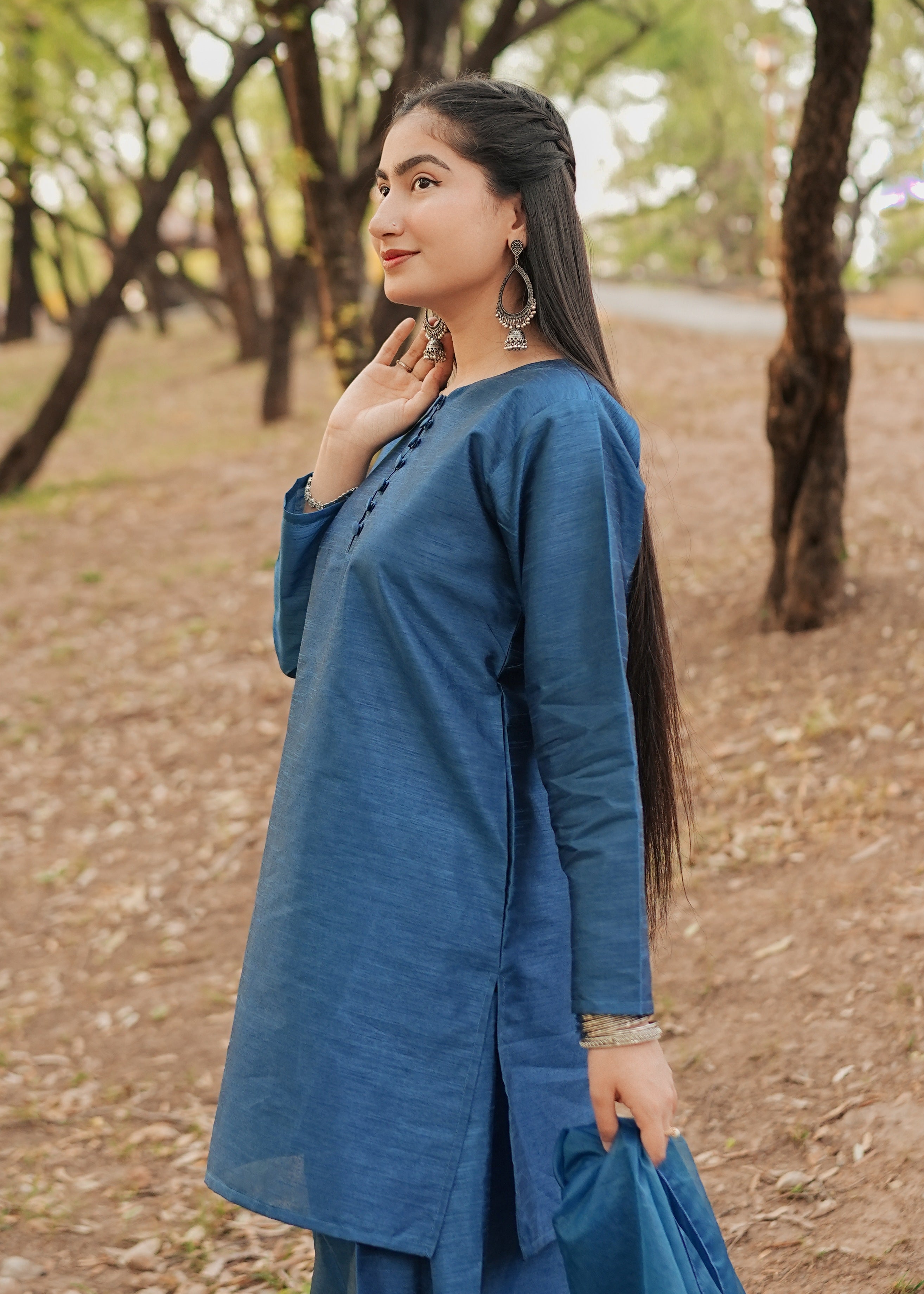 raw silk Kurta Set in Steel blue