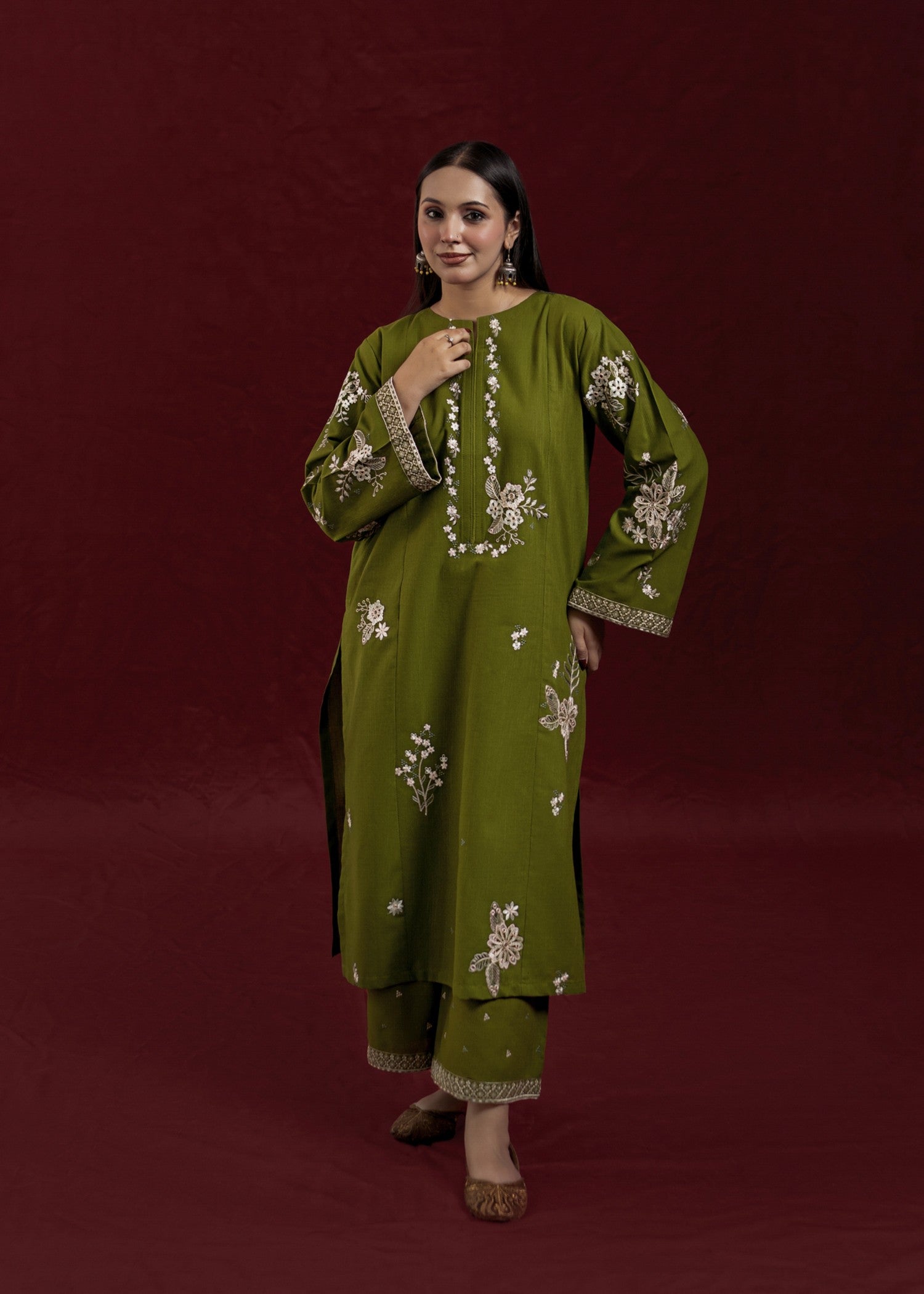 slub khaddar Kurta Set in Olive green