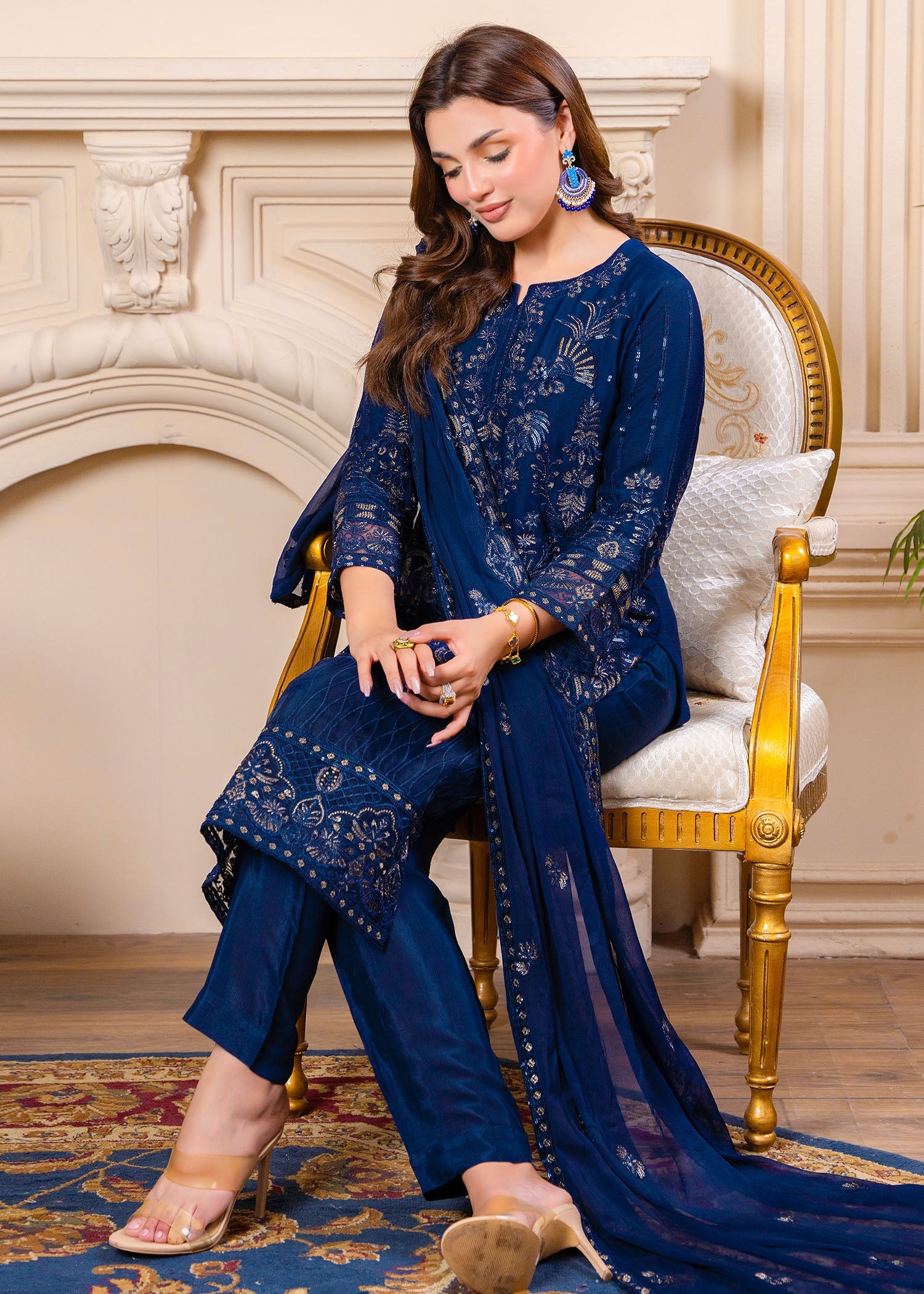 crinkle Kurta Set in Navy blue