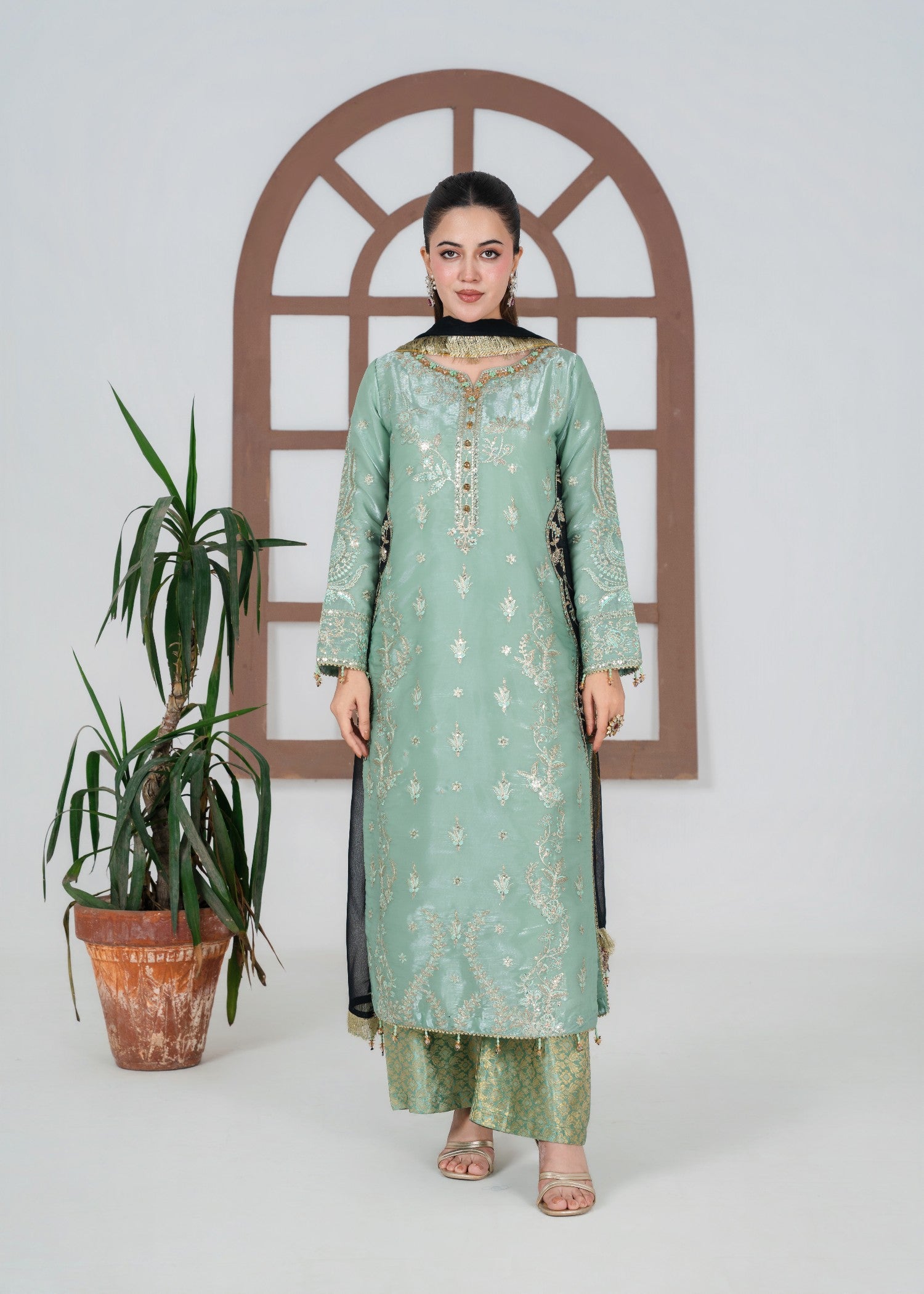 silk Kurta Set in Sage green