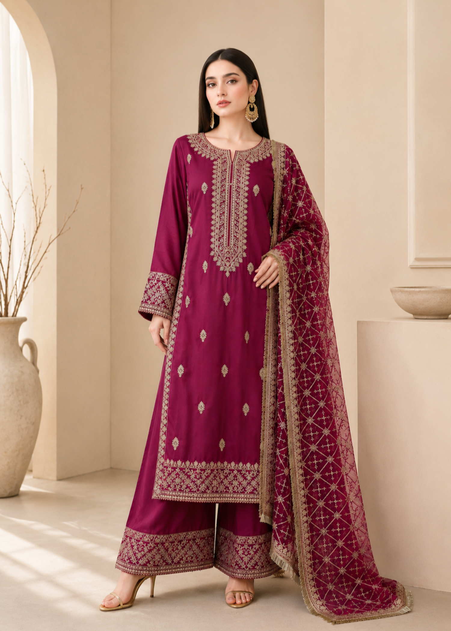 kattan silk Kurta Set in Deep pink