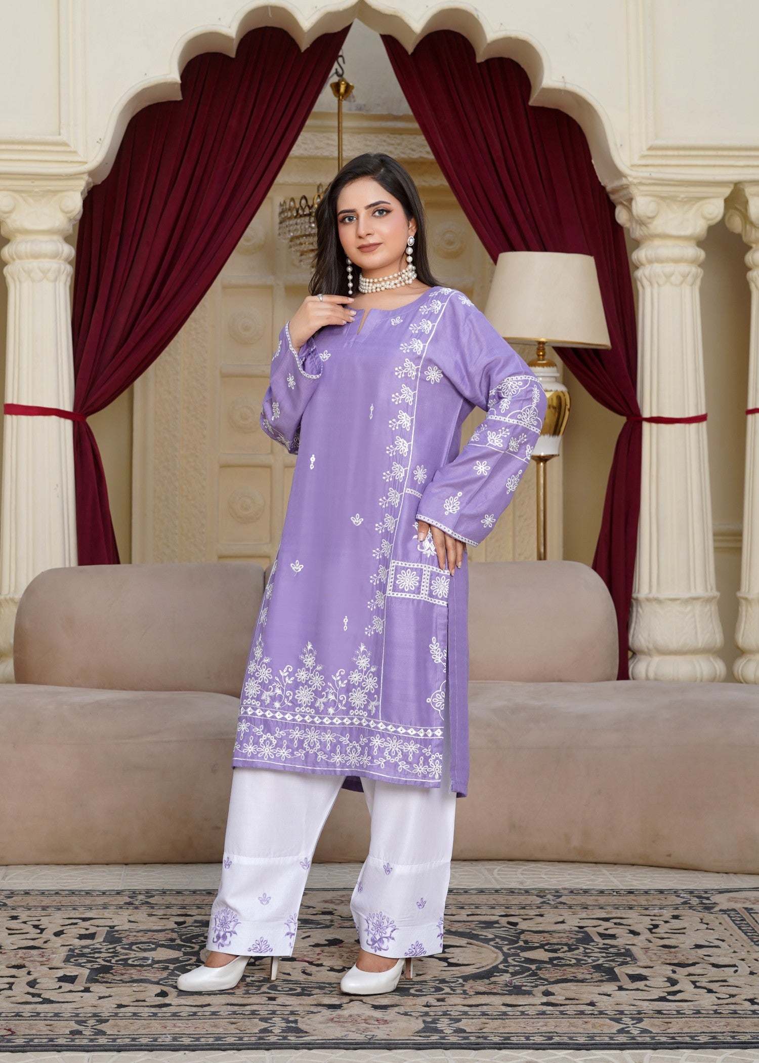 arabic lawn Kurta Set in Lilac